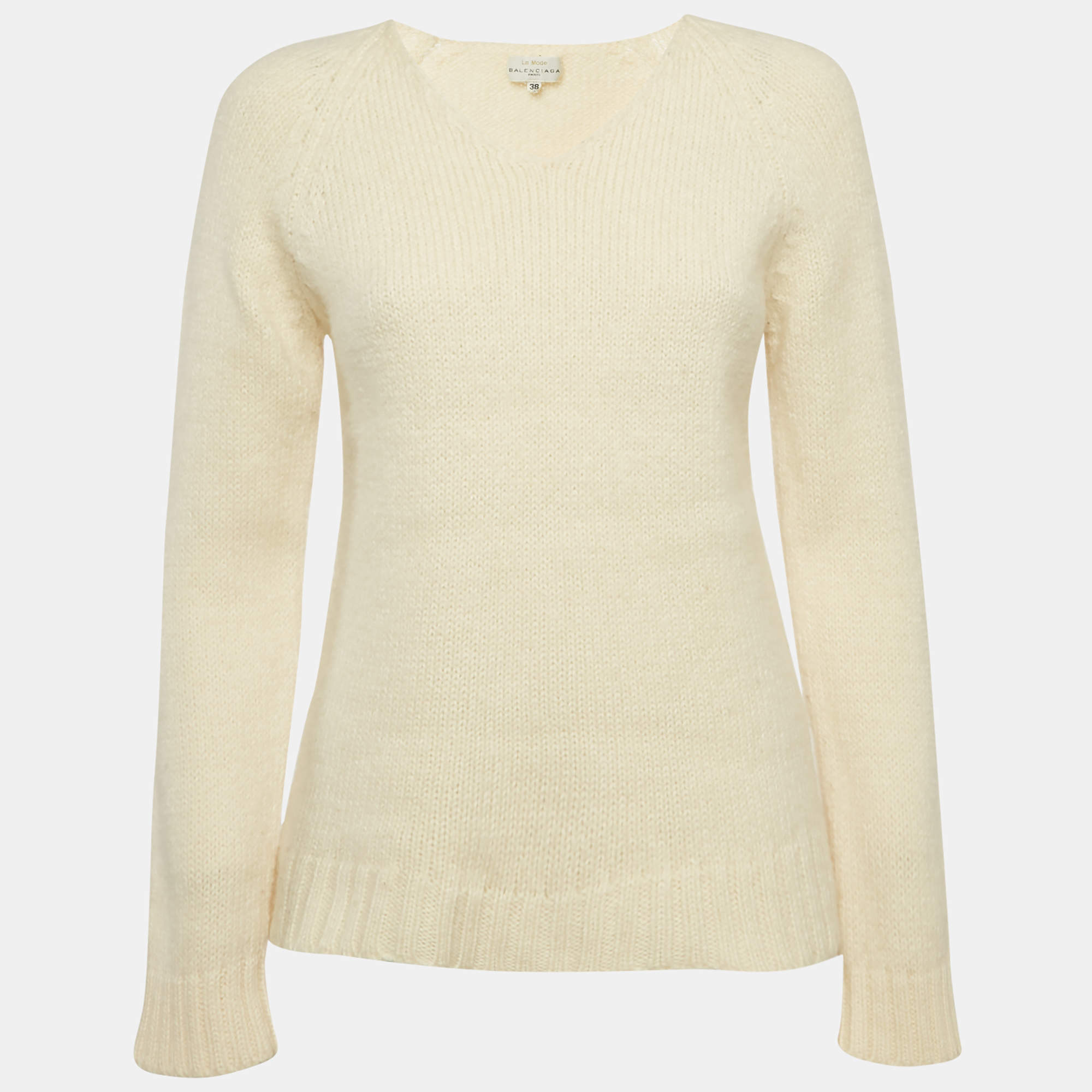 Balenciaga Off-White Rib Knit V-Neck Sweater M