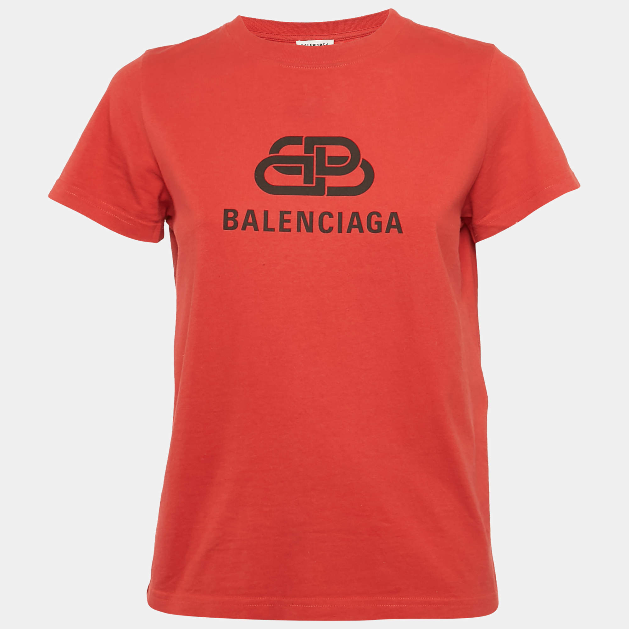 Pre Owned Balenciaga Red Logo Print Cotton Short Sleeve T-Shirt S