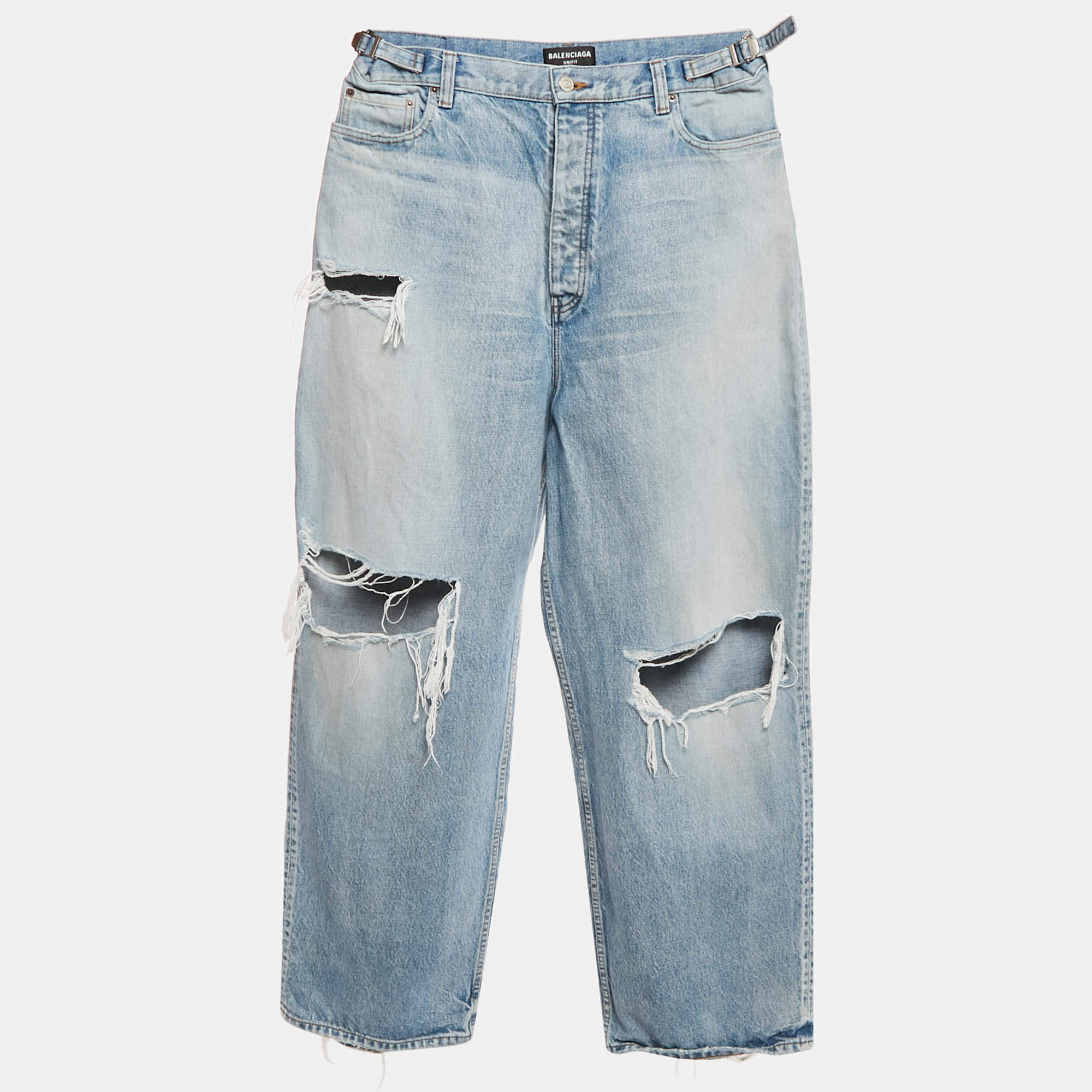 Pre Owned Balenciaga Unifit Blue Denim Distressed Wide Leg Jeans L