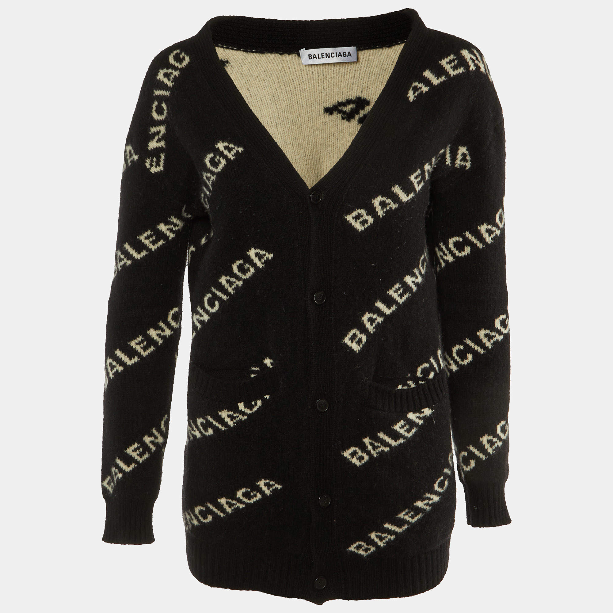 Pre Owned Balenciaga Black Logo Jacquard Knit Long Archetype Cardigan S