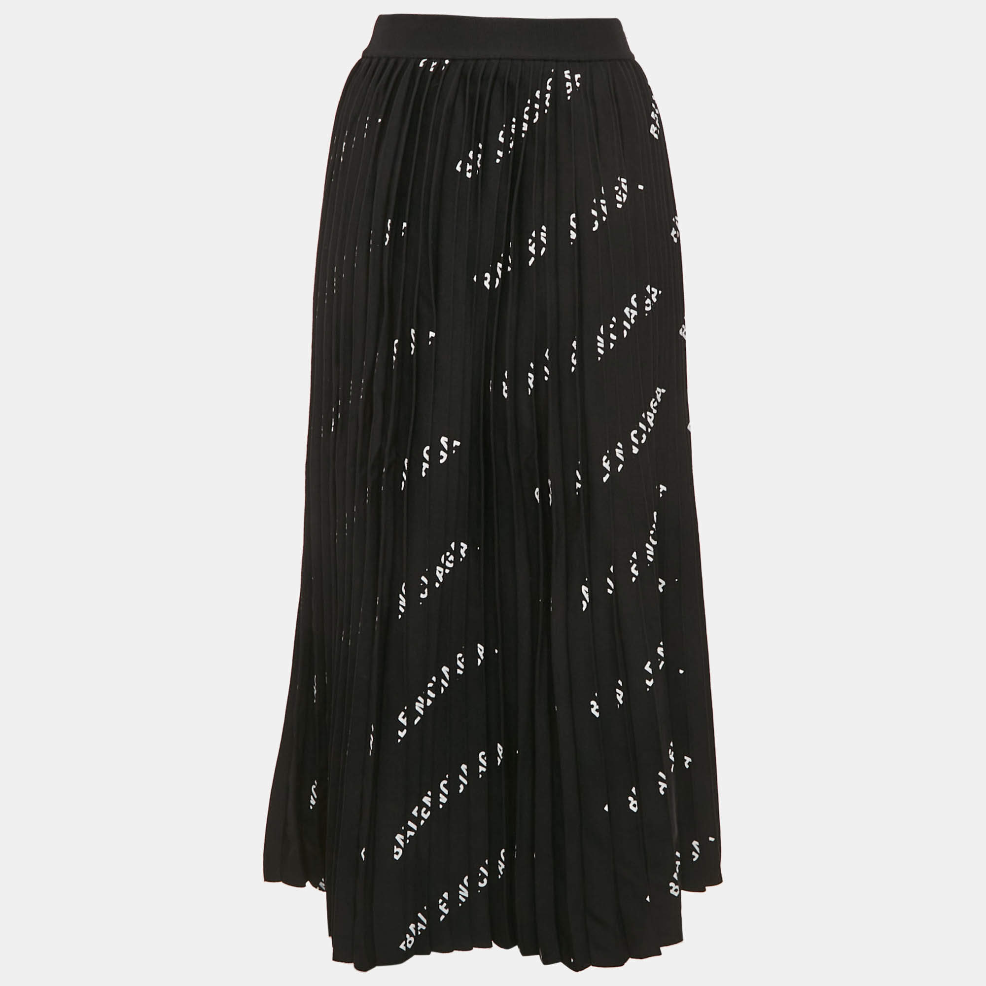 Pre Owned Balenciaga Black Logo All Over Knit Pleated Midi Skirt S