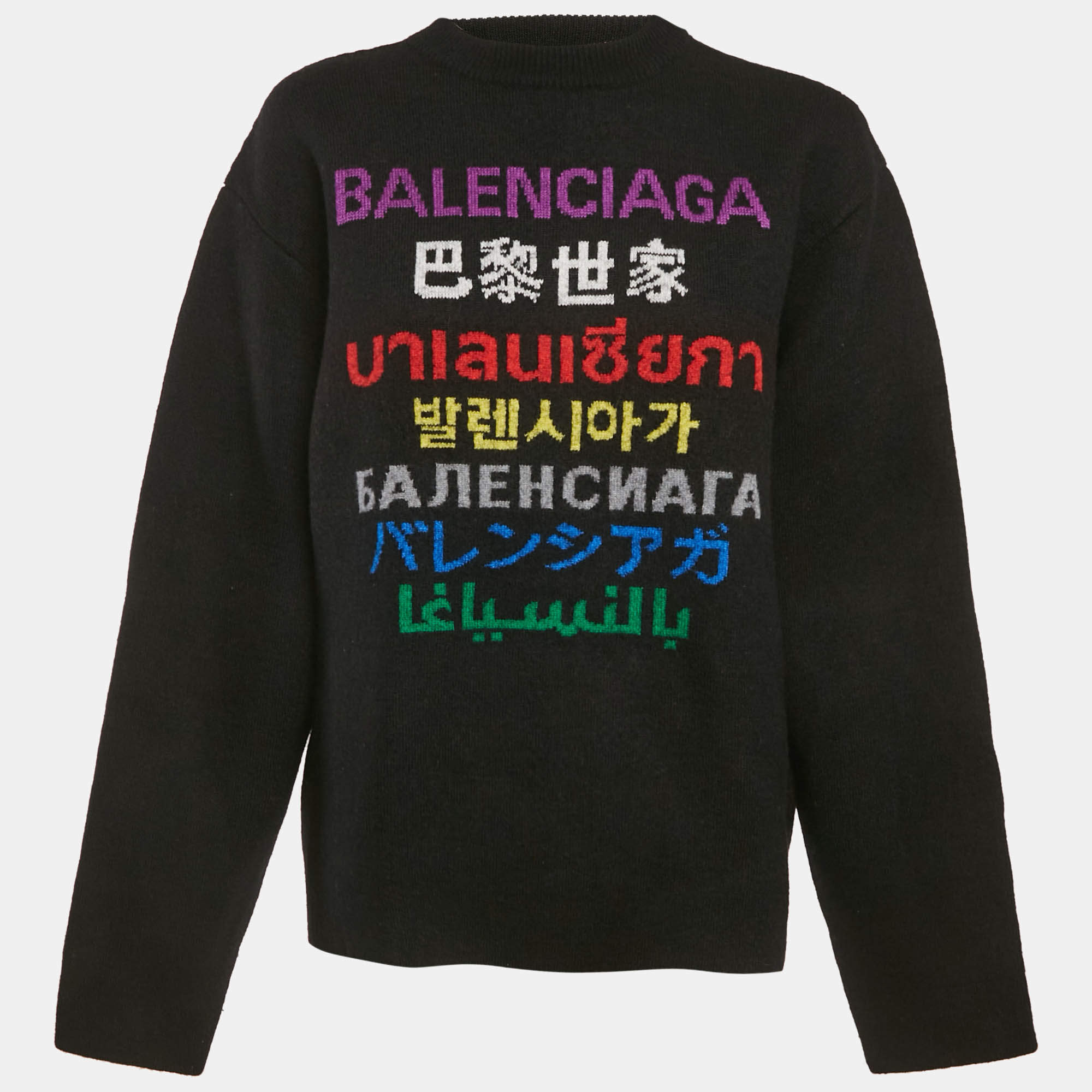 Pre Owned Balenciaga Black 7 Languages Logo Intarsia Wool Sweater S