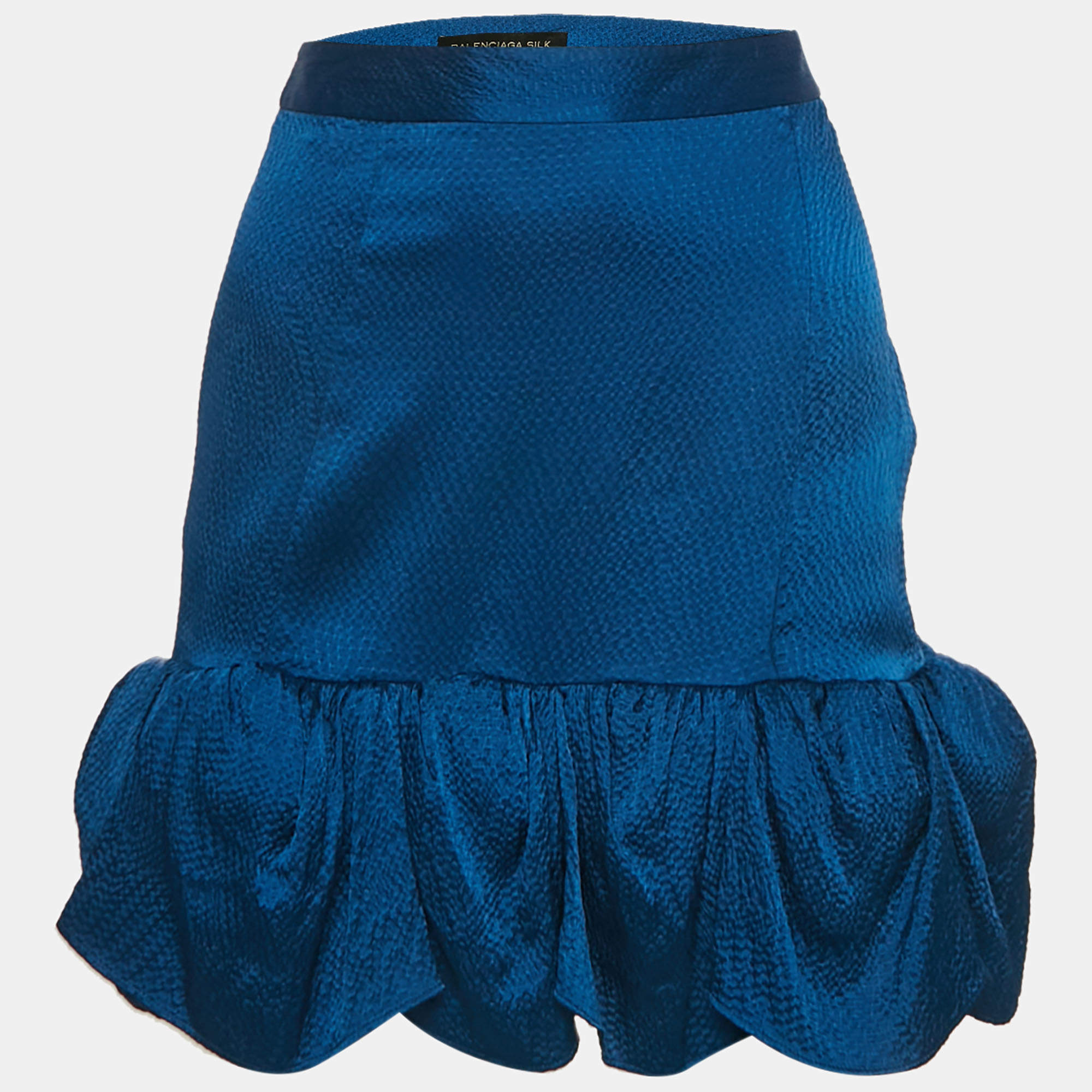 Pre Owned Balenciaga Blue Textured Silk Ruffled Mini Skirt M