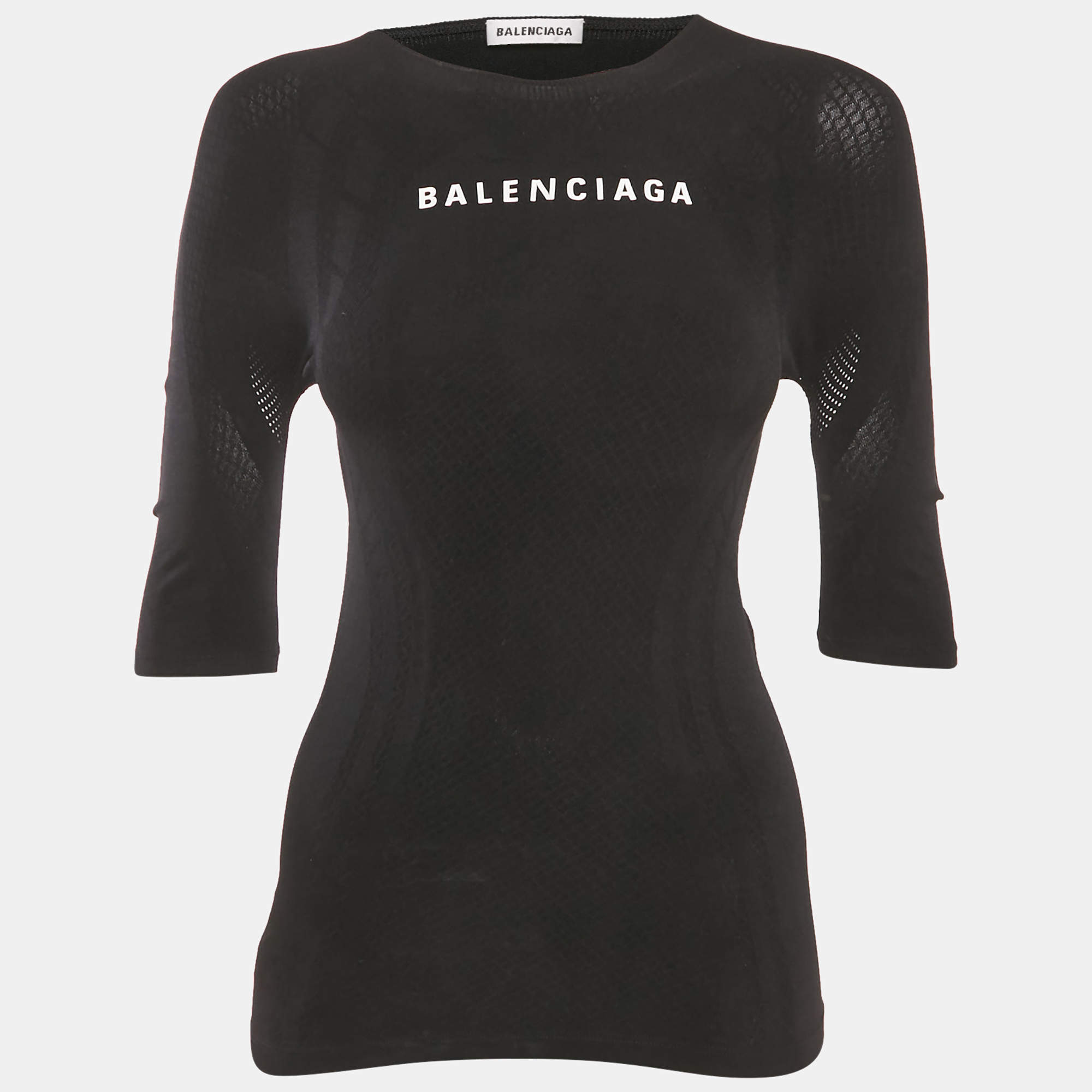 مملوكة مسبقًا Balenciaga Black Logo Print Mesh Trim Jersey Fitted Top S