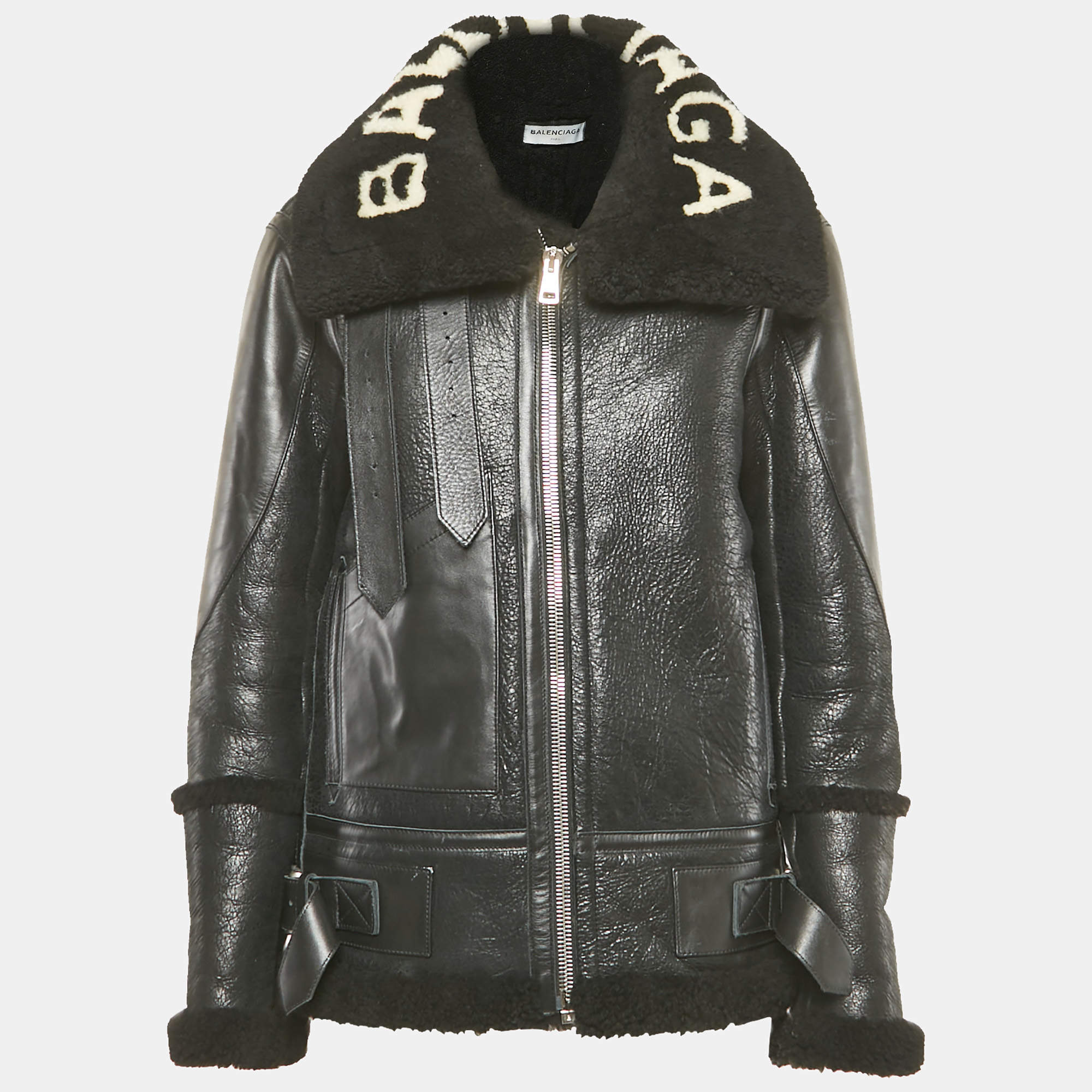 Pre Owned Balenciaga Black Logo Print Leather and Shearling Oversized Jacket S