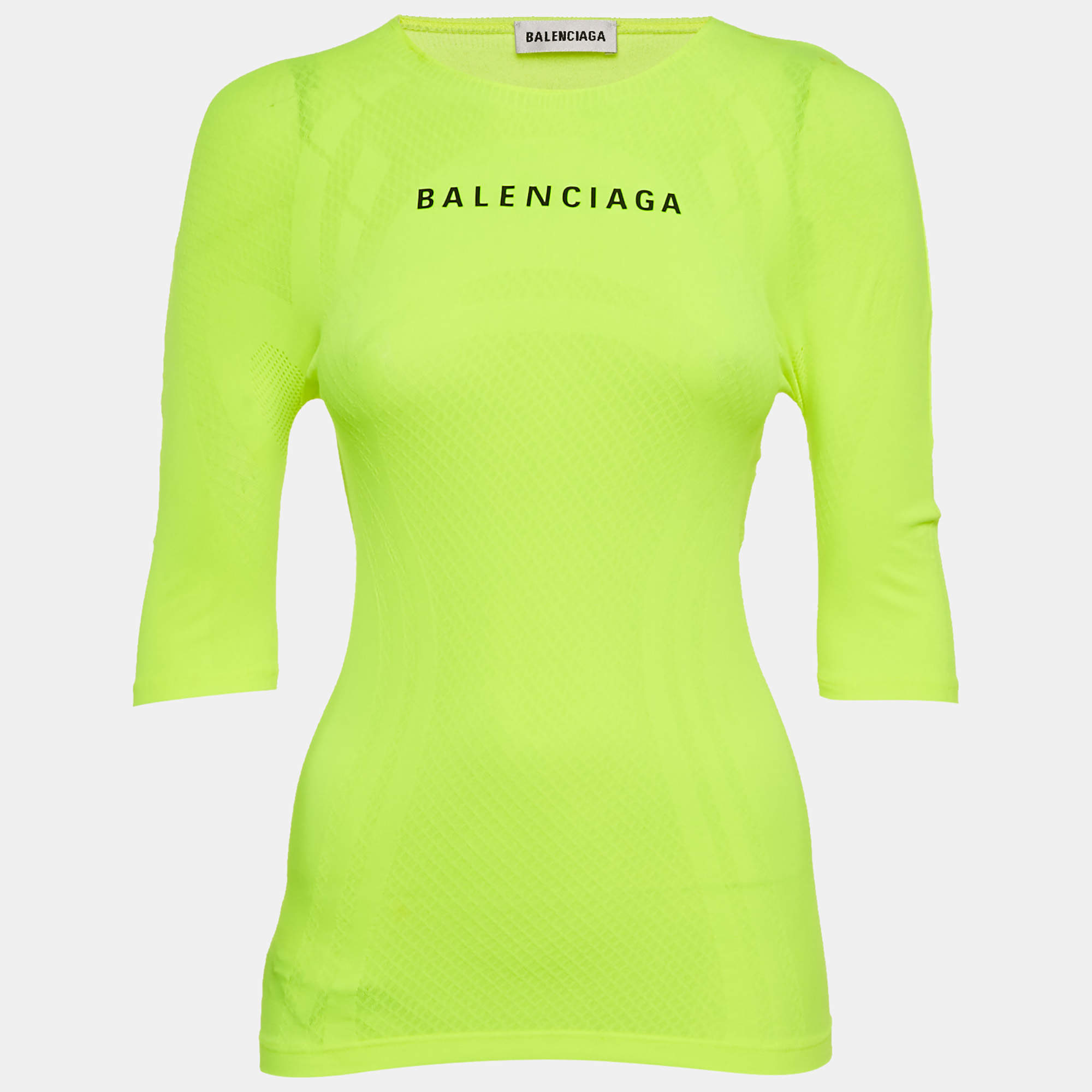 Pre Owned Balenciaga Acid Green Logo Print Mesh Jersey Fitted Top S