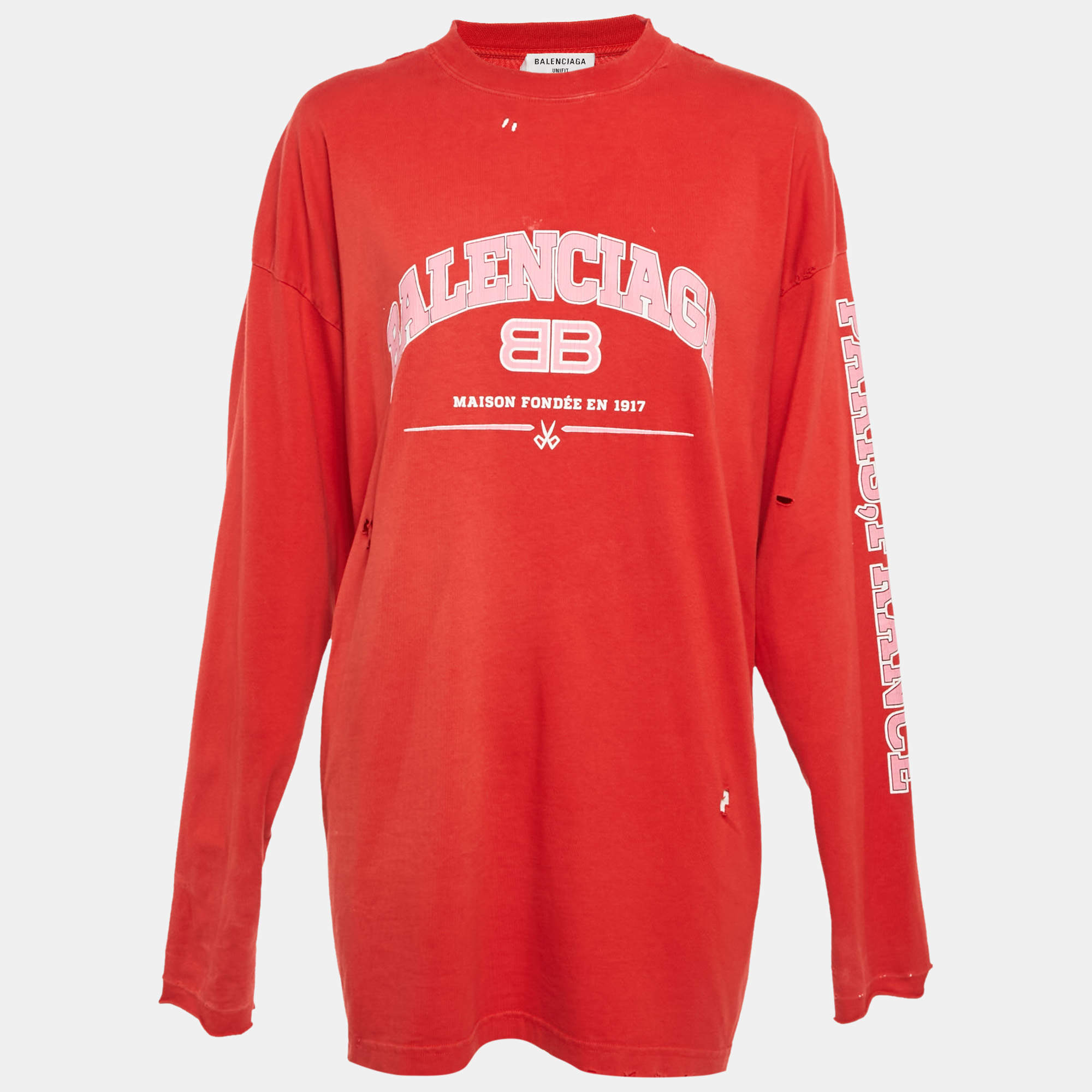 Pre Owned Balenciaga Unifit Red Logo Print Distressed Oversize T-Shirt L