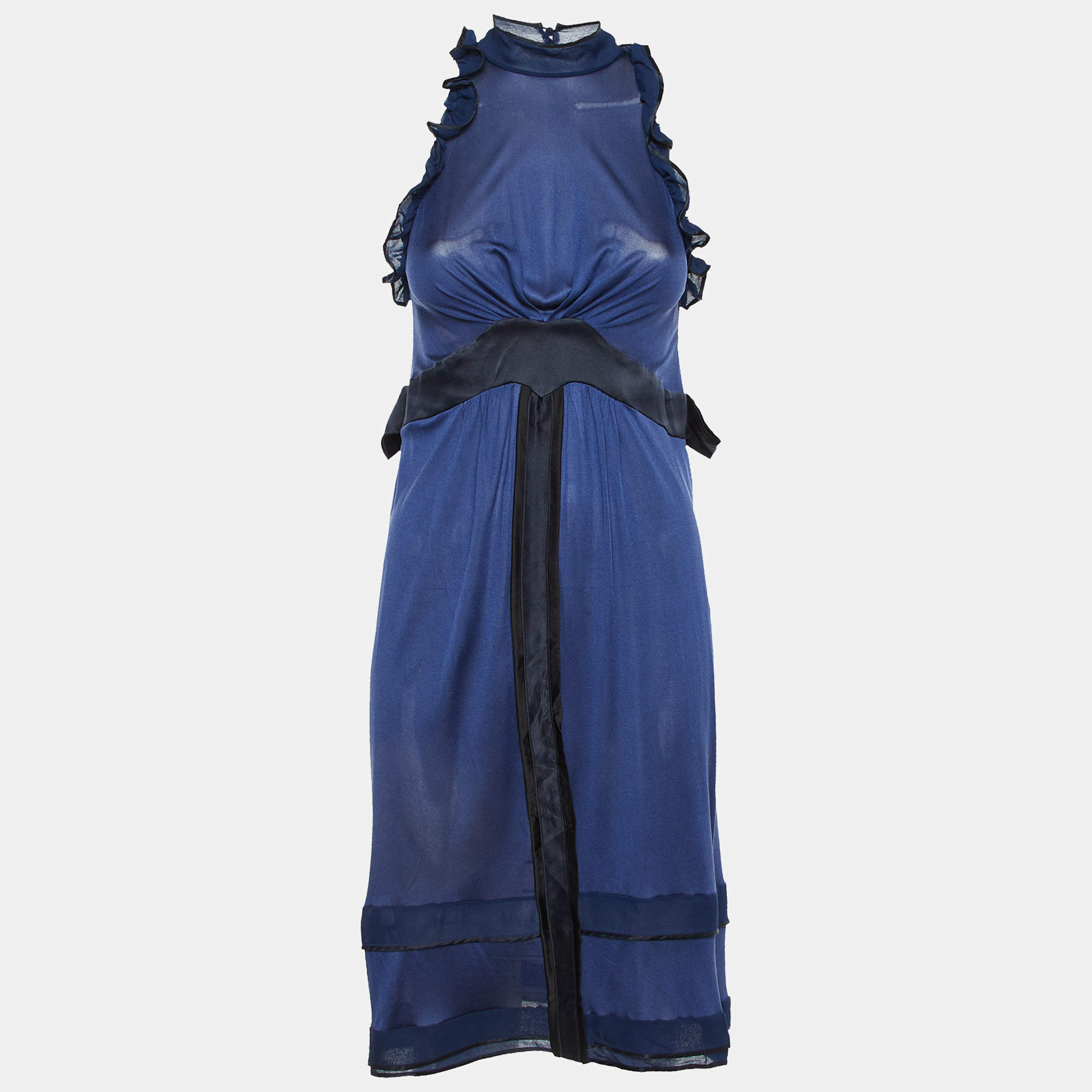Pre Owned Balenciaga Navy Blue Silk Knit Ruffle Knit Mini Dress M
