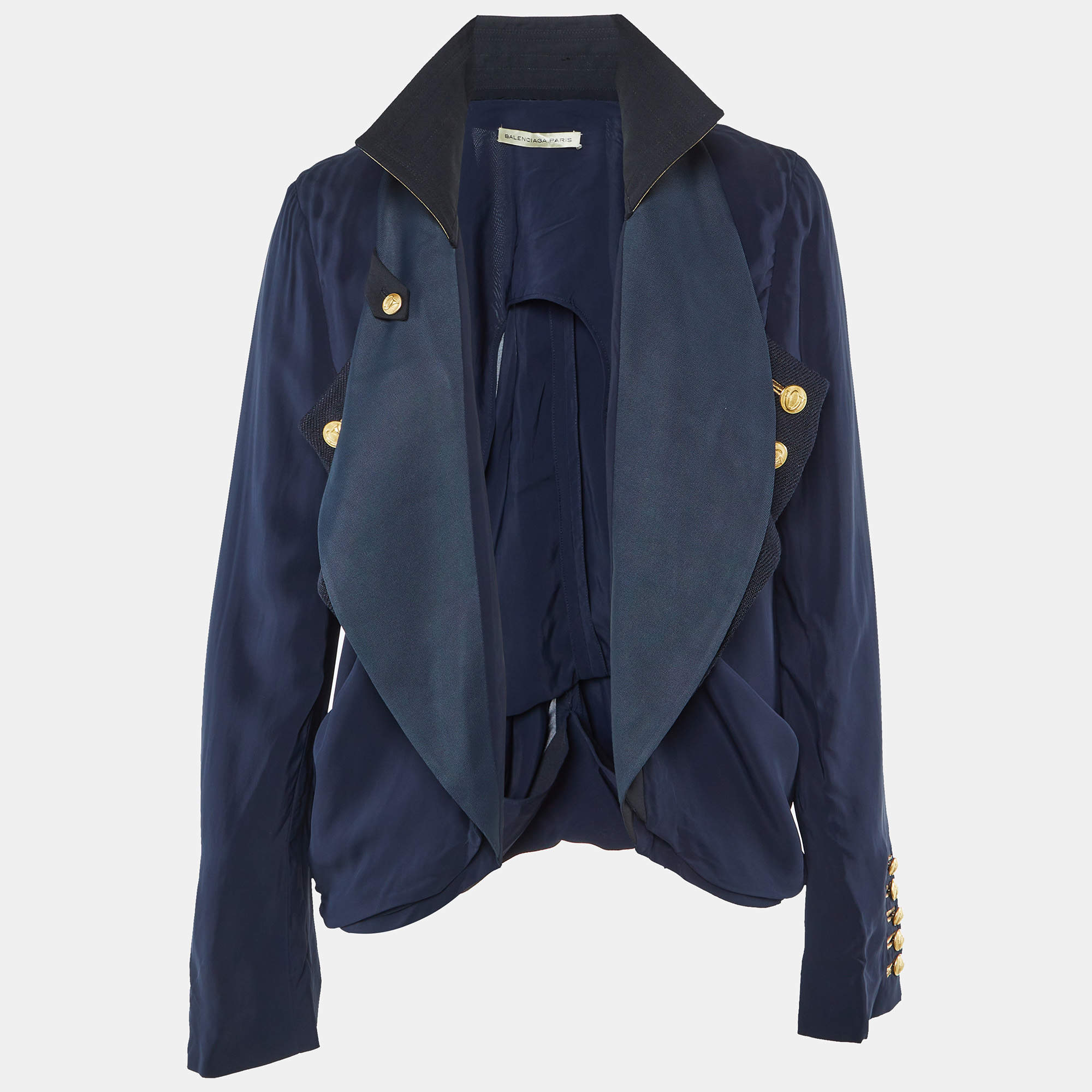 Pre Owned Balenciaga Navy Blue Crepe Panelled Button Detail Jacket M 