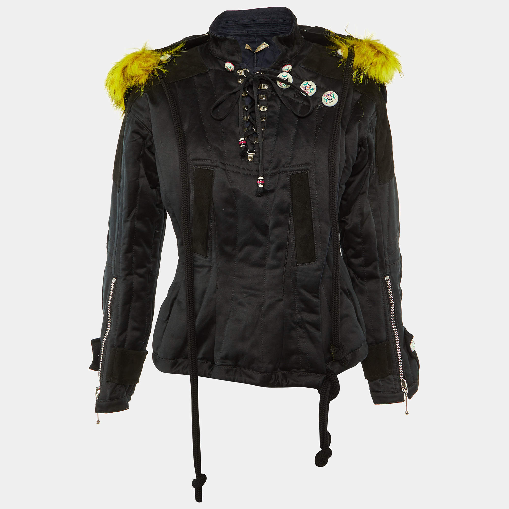 Pre Owned Balenciaga Black Cotton Detachable Fur Hood Button Detail Jacket M