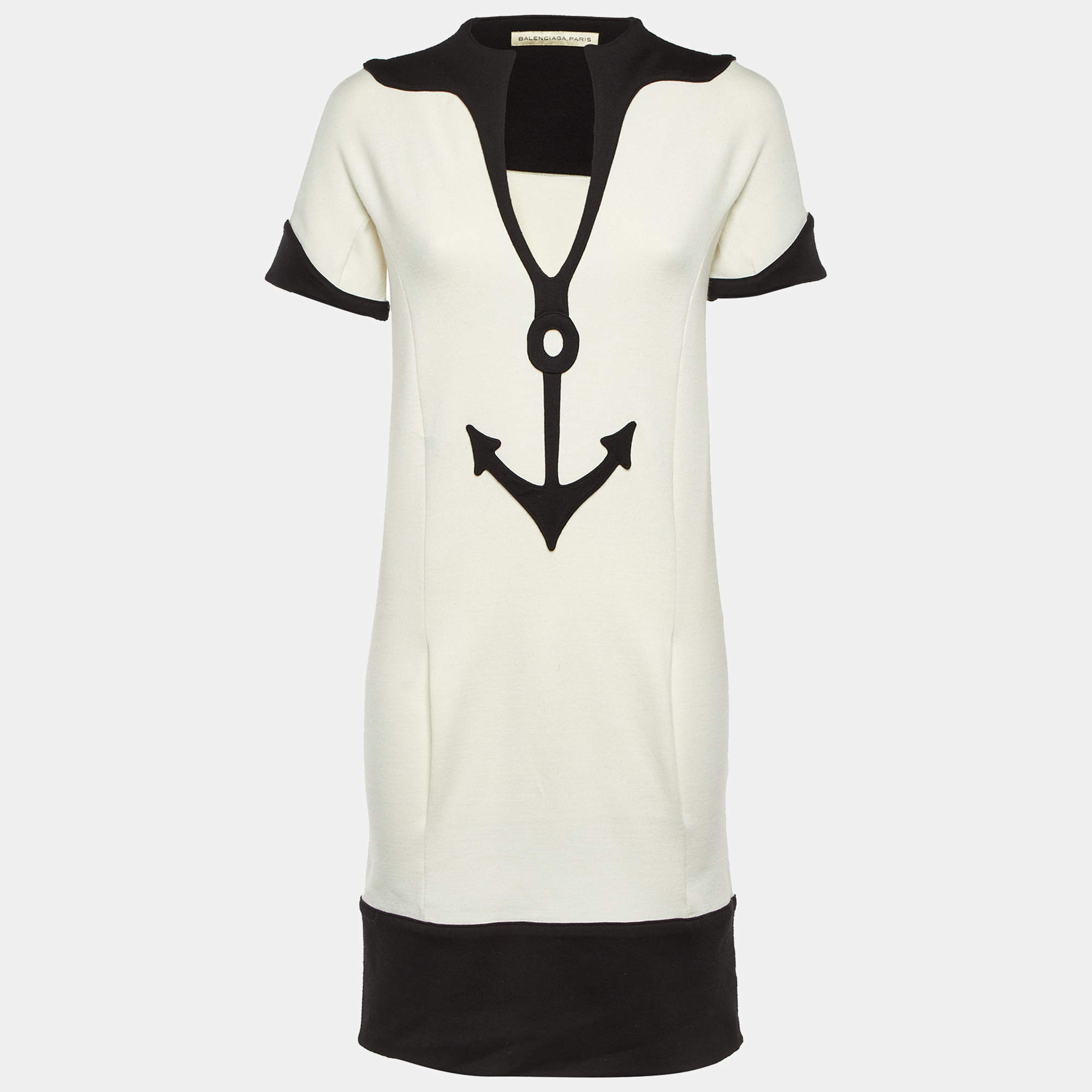 Pre Owned Balenciaga White Wool Blend Contrast Detail Mini Dress L