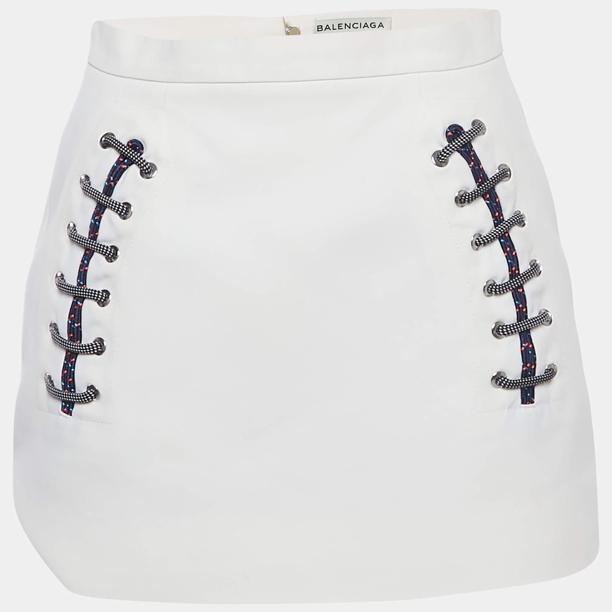 Pre Owned Balenciaga White Crepe Lace-Up Mini Skirt M