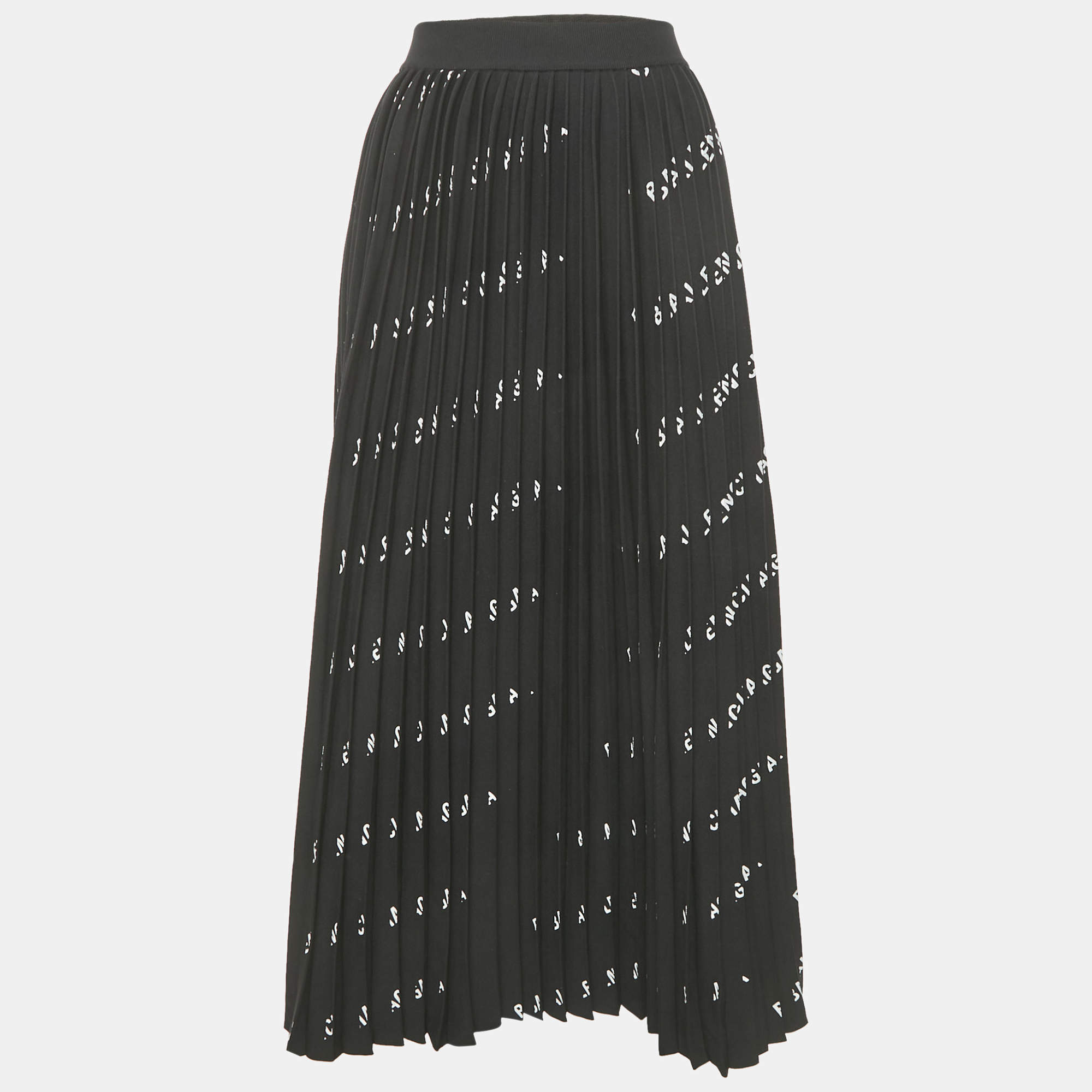 Pre Owned Balenciaga Black All-Over Logo Print Knit Pleated Midi Skirt M