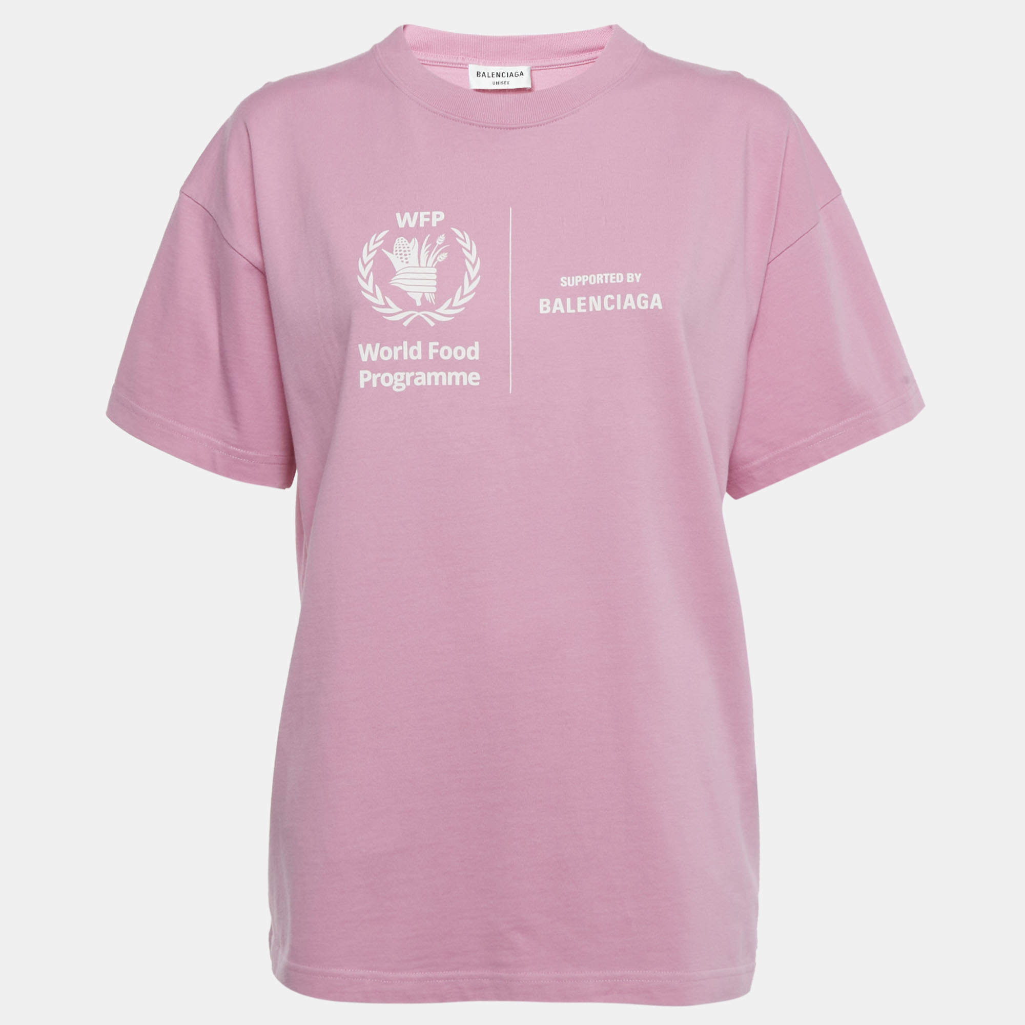 Pre Owned Balenciaga Unisex Pink WFP Print Jersey Crewneck T-Shirt L