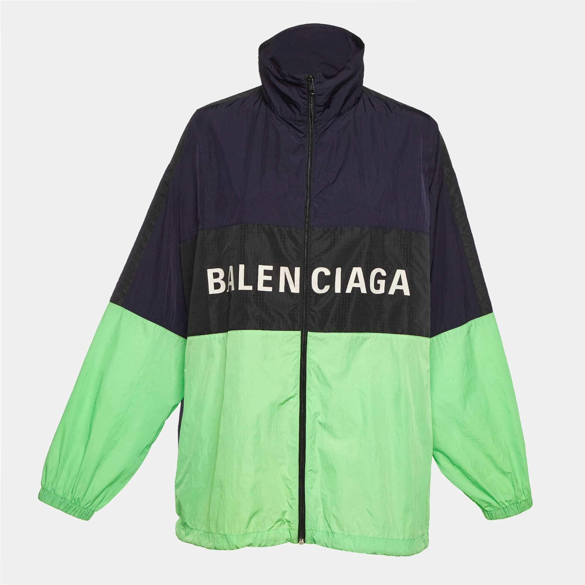 Pre Owned Balenciaga Colorblock Logo Printed Nylon Windbreaker Jacket S