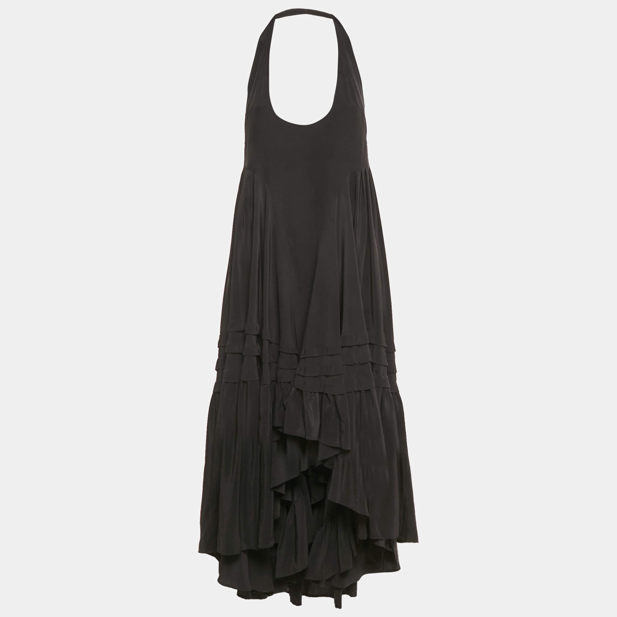 Pre Owned Balenciaga Black Silk Halter Neck Asymmetric Dress M