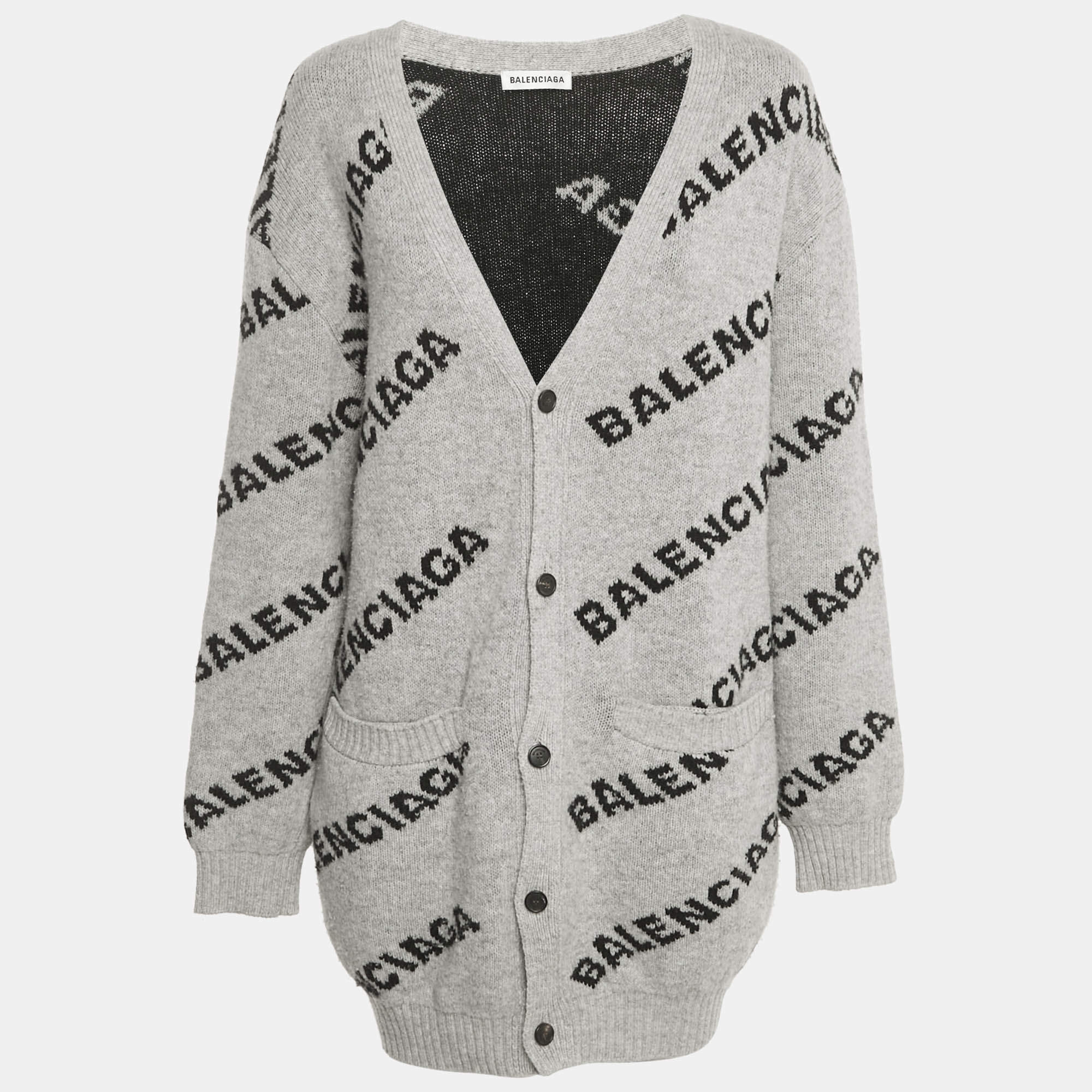 Pre Owned Balenciaga Grey Logo All Over Wool Knit Cardigan M