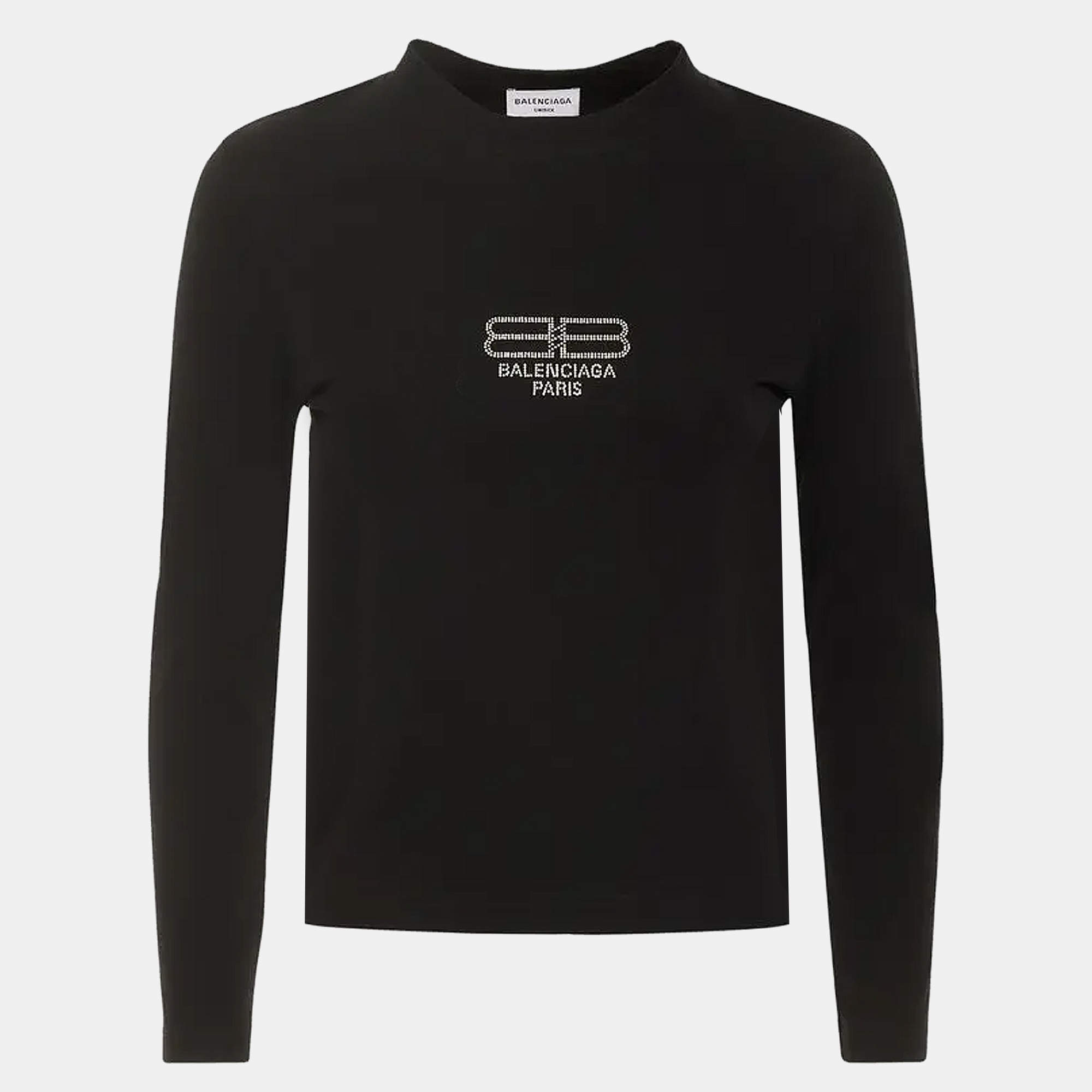 Pre Owned Balenciaga Unisex Black Logo Rhinestone Jersey Fitted T-Shirt M