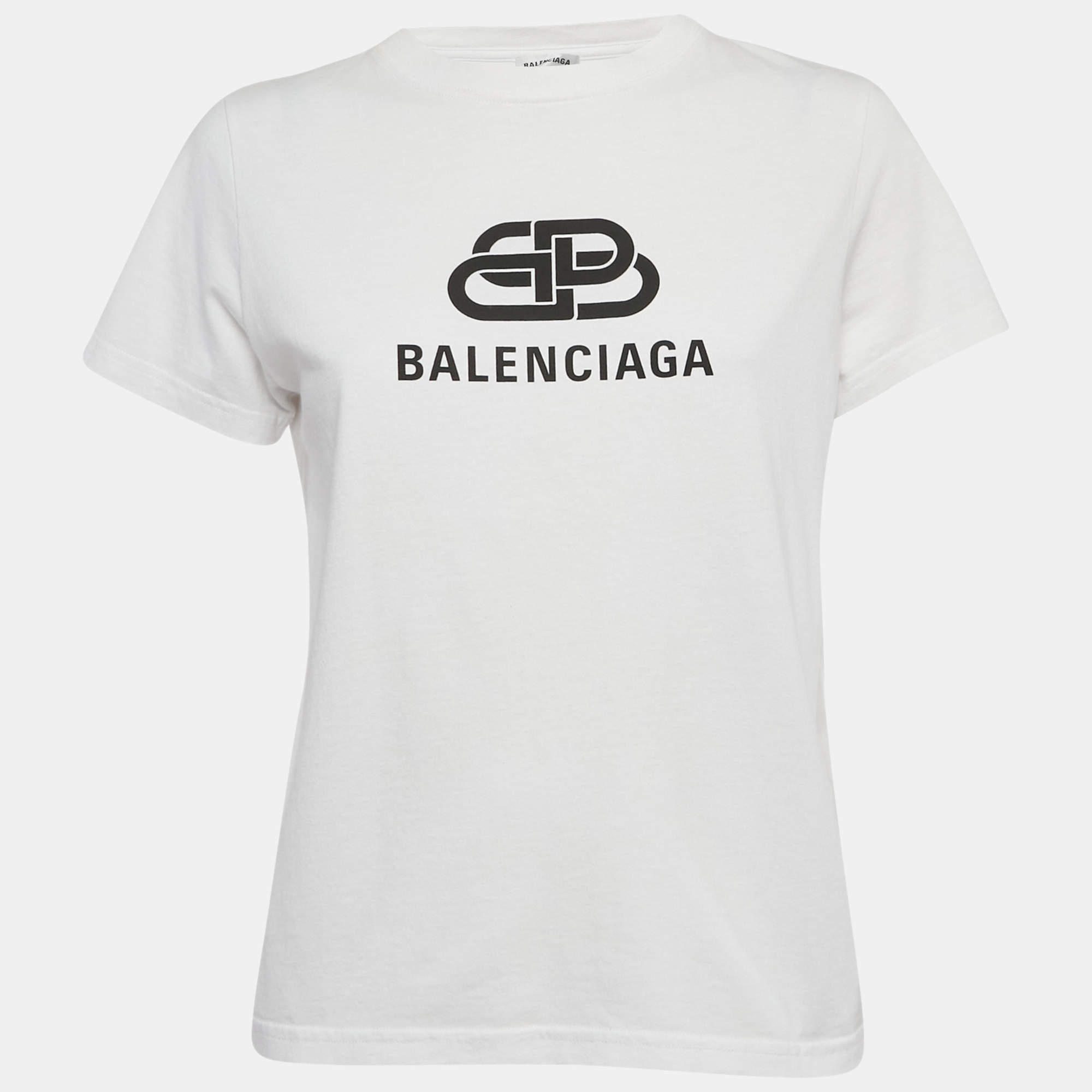 Pre Owned Balenciaga White BB Logo Print Cotton Crewneck-Shirt M