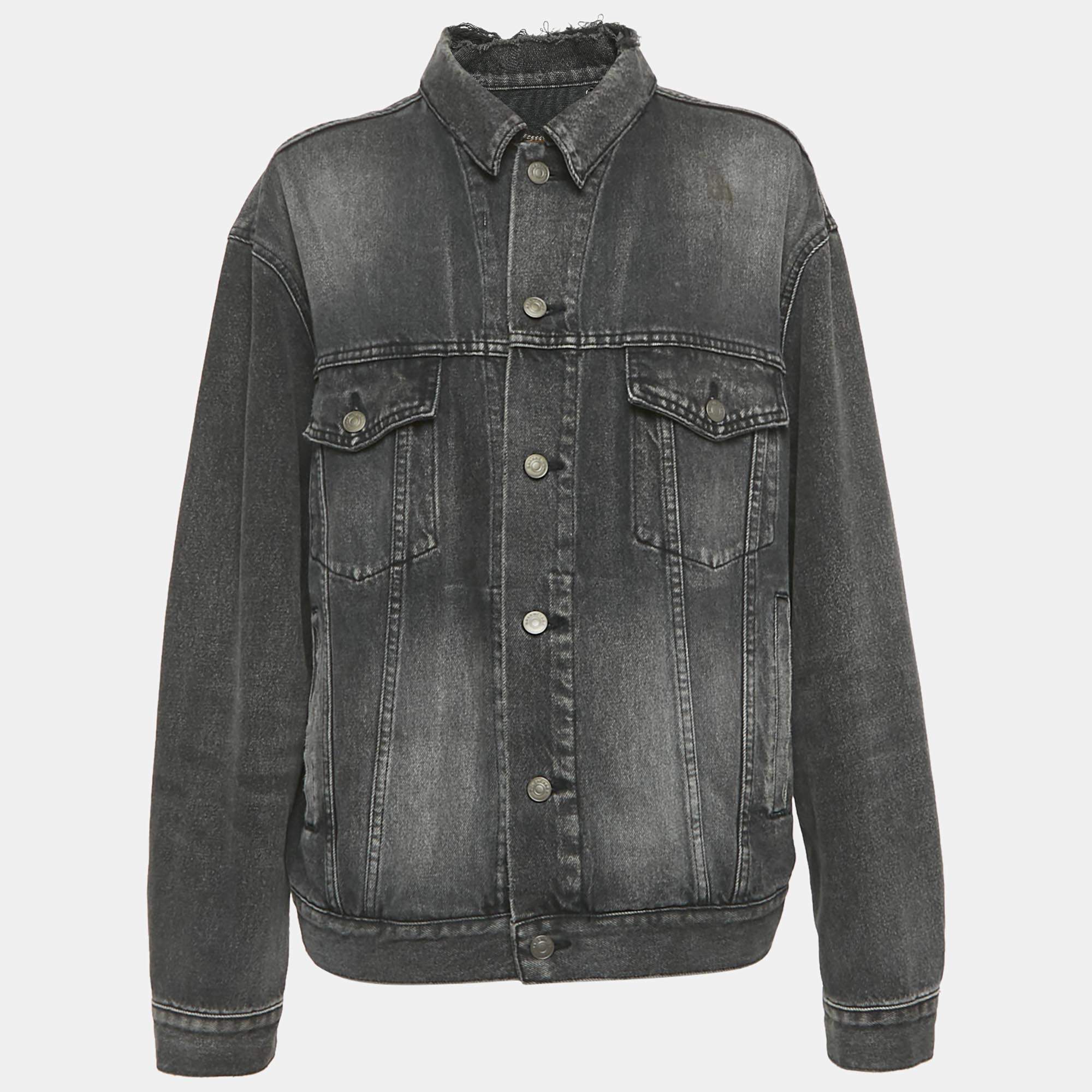 Pre Owned Balenciaga Black Logo Print Denim Distressed Collar Detail Denim Jacket S