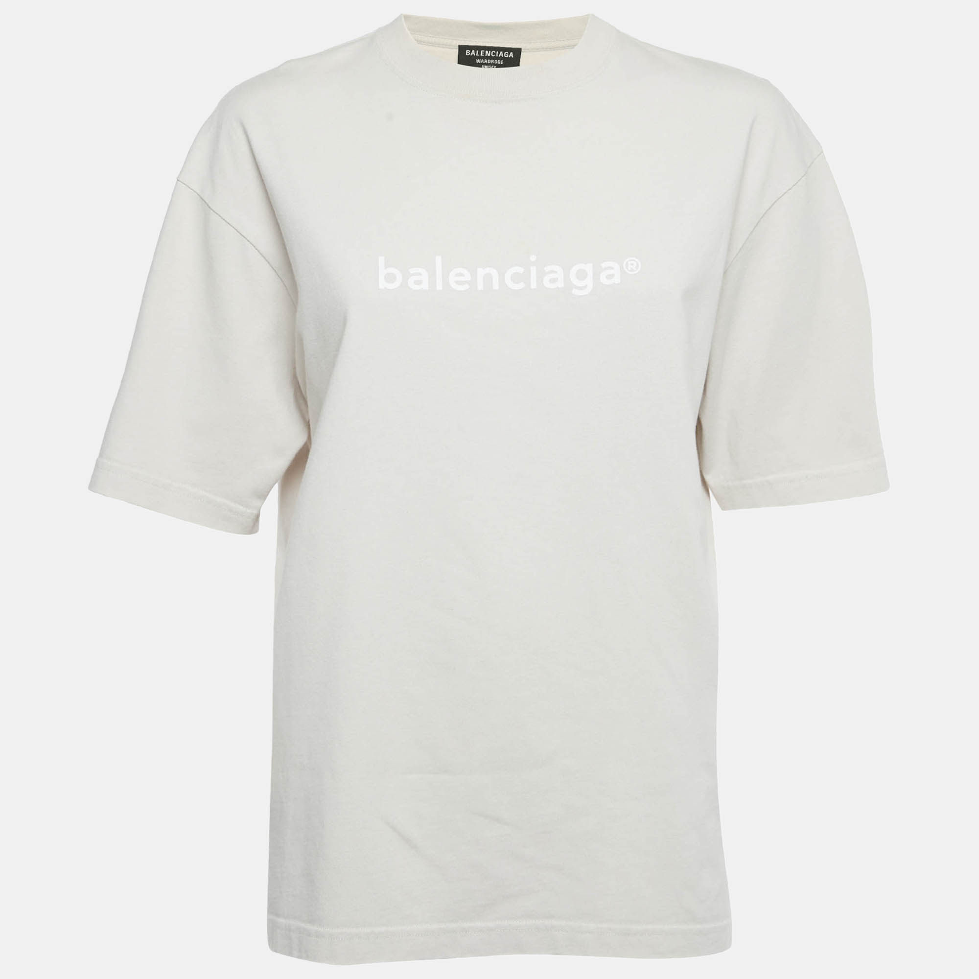 Pre Owned Balenciaga Beige Logo Print Cotton Crewneck T-Shirt XXS 
