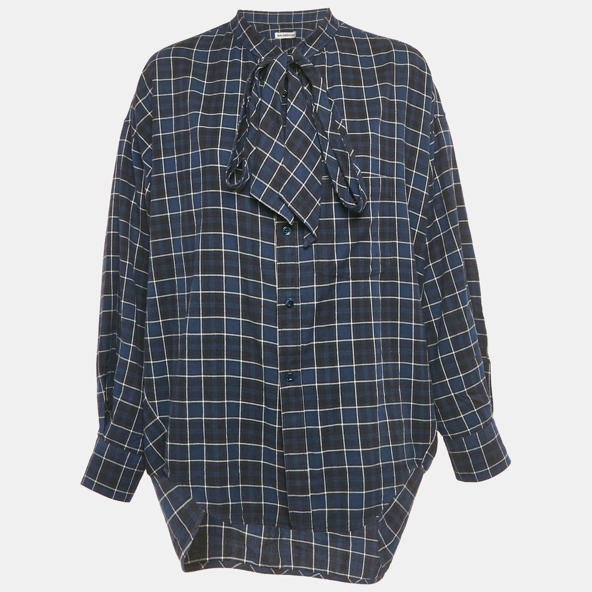 Pre Owned Balenciaga Navy Blue Logo Print Flannel Cotton Oversized Shirt S