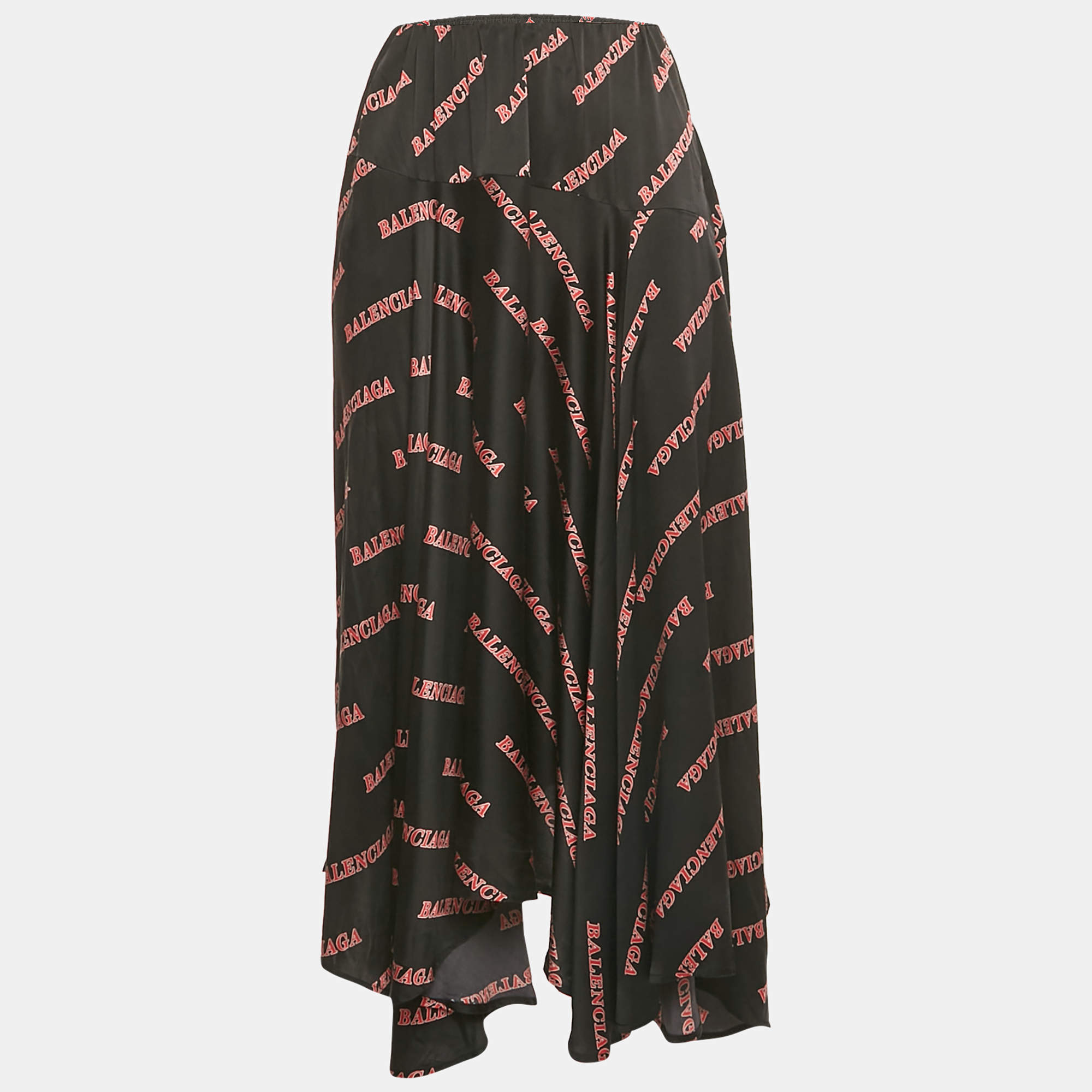 Pre Owned Balenciaga Black Logo Print Satin Silk Asymmetric Midi Skirt M
