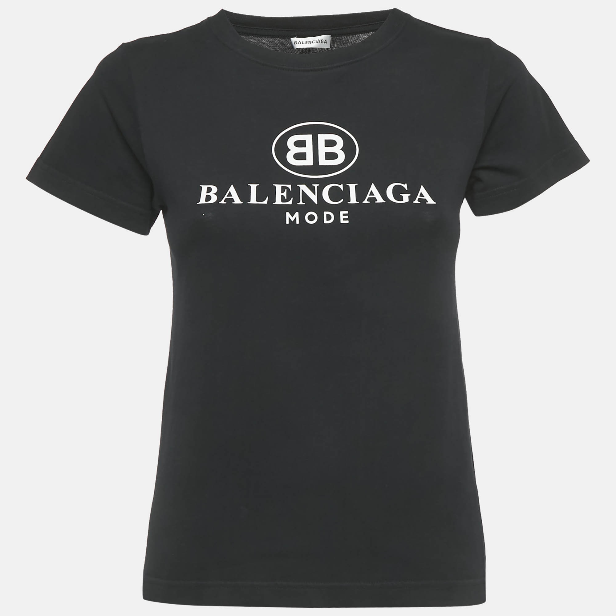 Pre Owned Balenciaga Black Logo Print Cotton Crewneck T-Shirt S