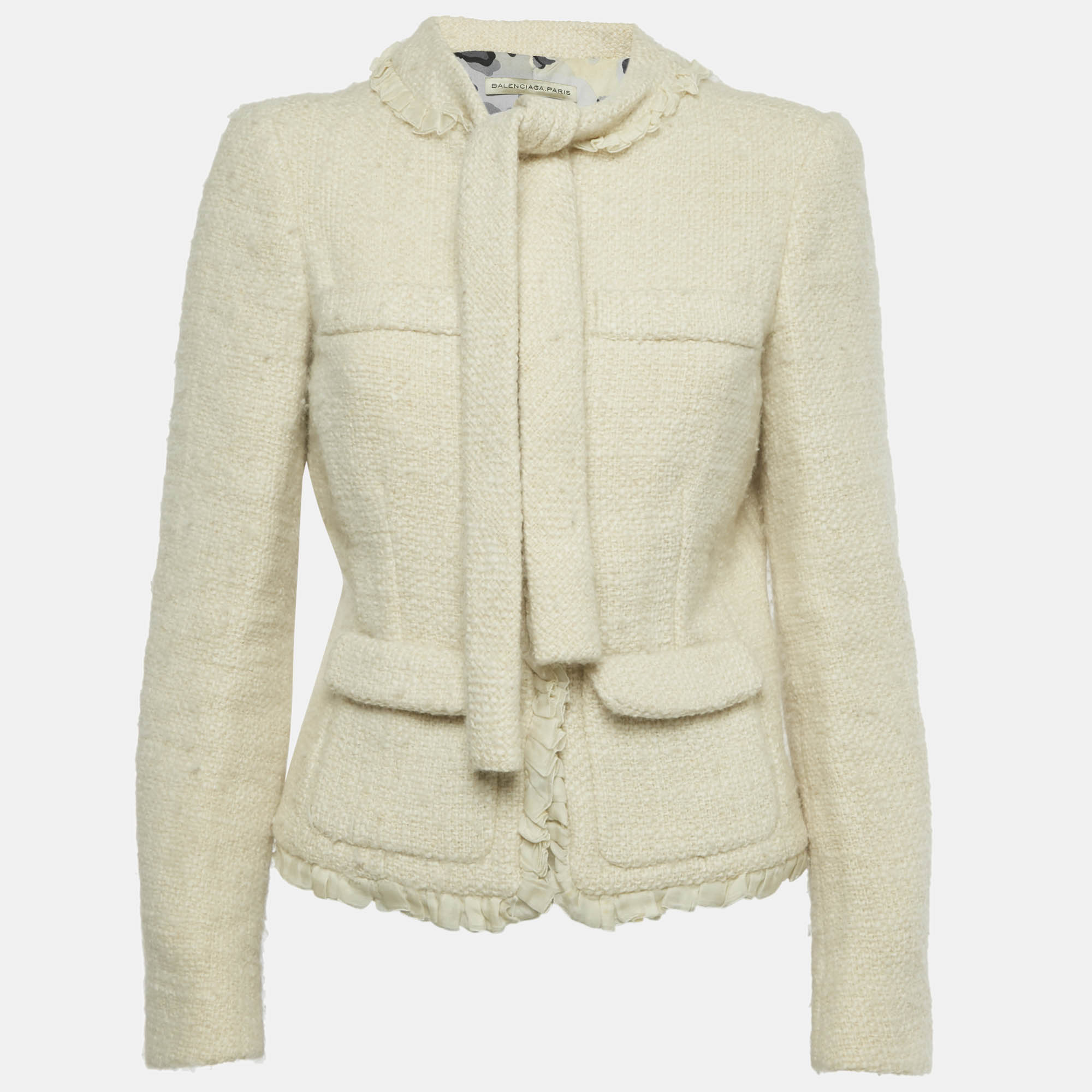 Pre Owned Balenciaga Cream Tweed Ruffled Tie-Up Neck Detail Jacket M
