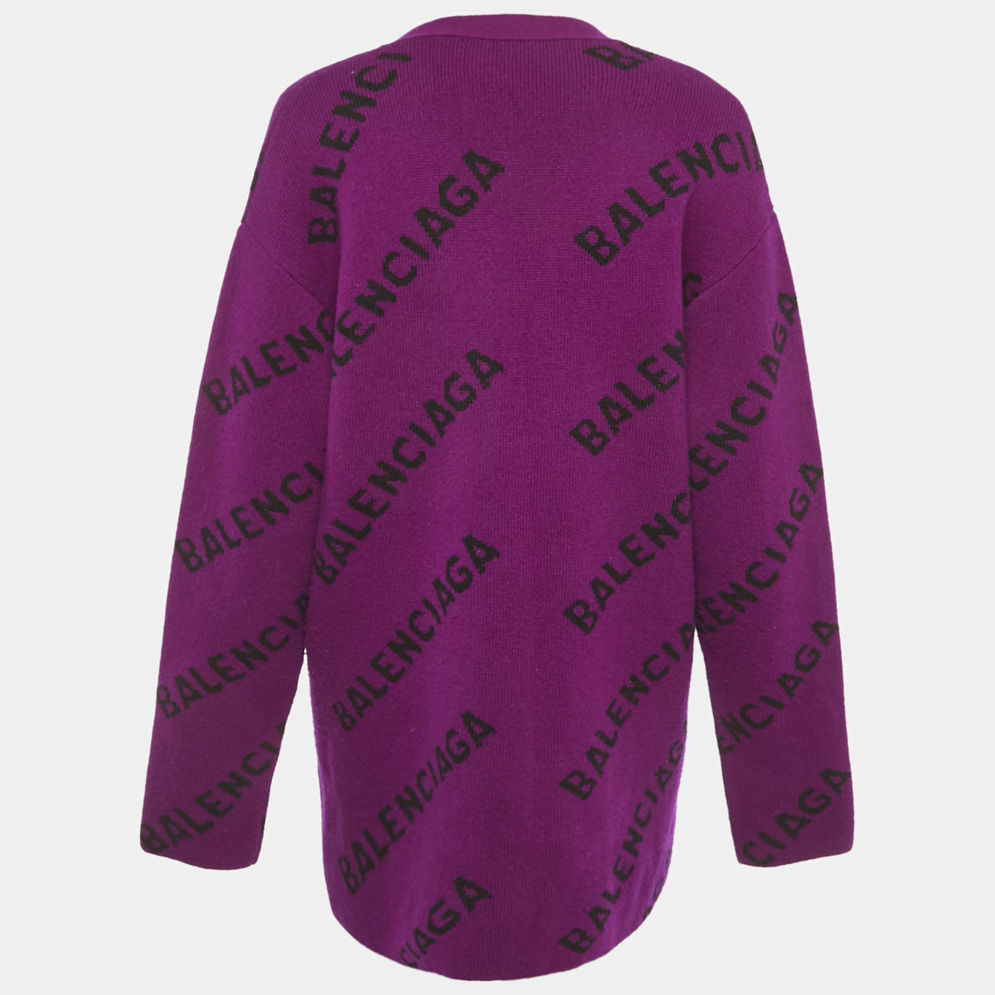 Balenciaga Burgundy Wool Allover Logo V Neck Oversized