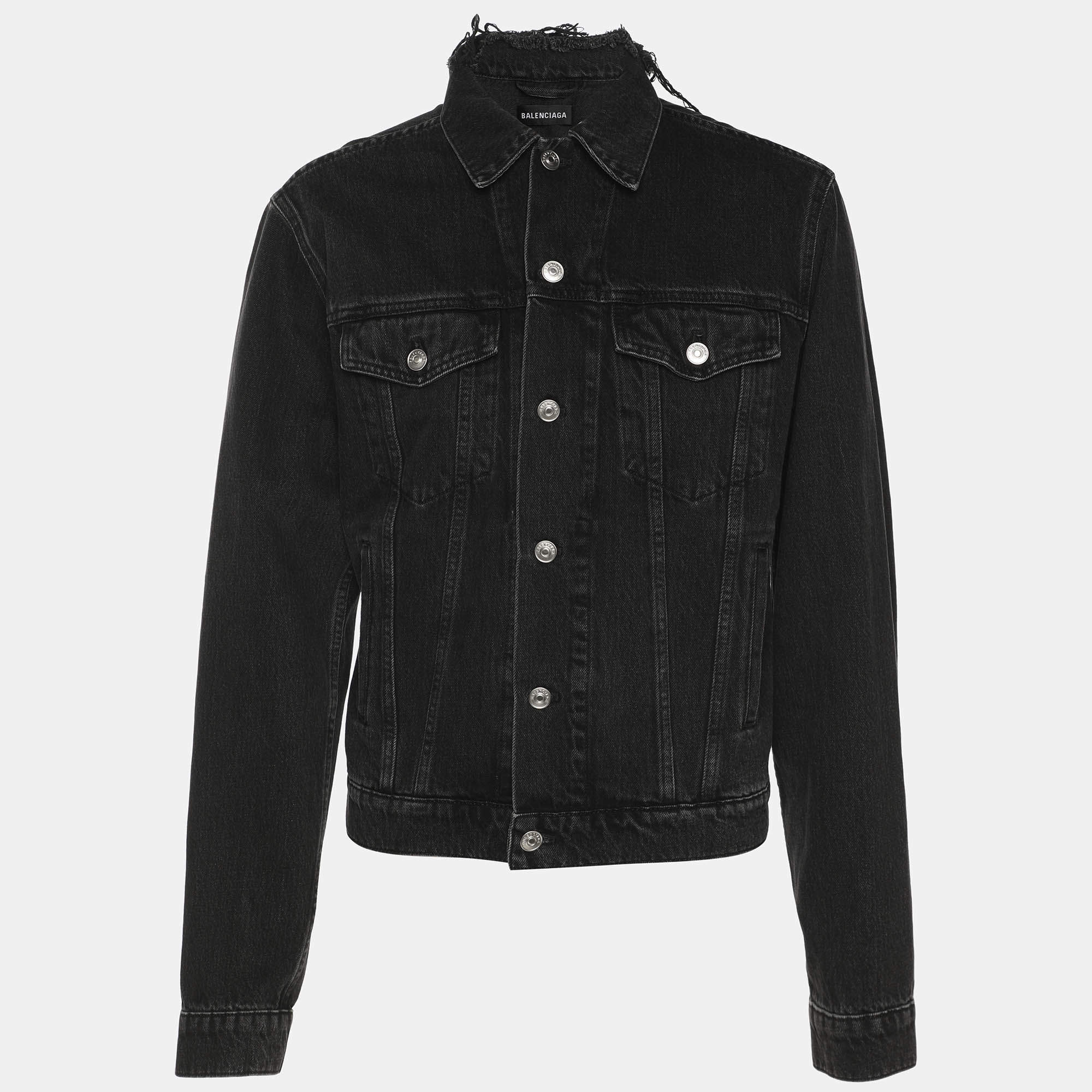 Pre Owned Balenciaga Dark Grey Distressed Denim Jacket XL