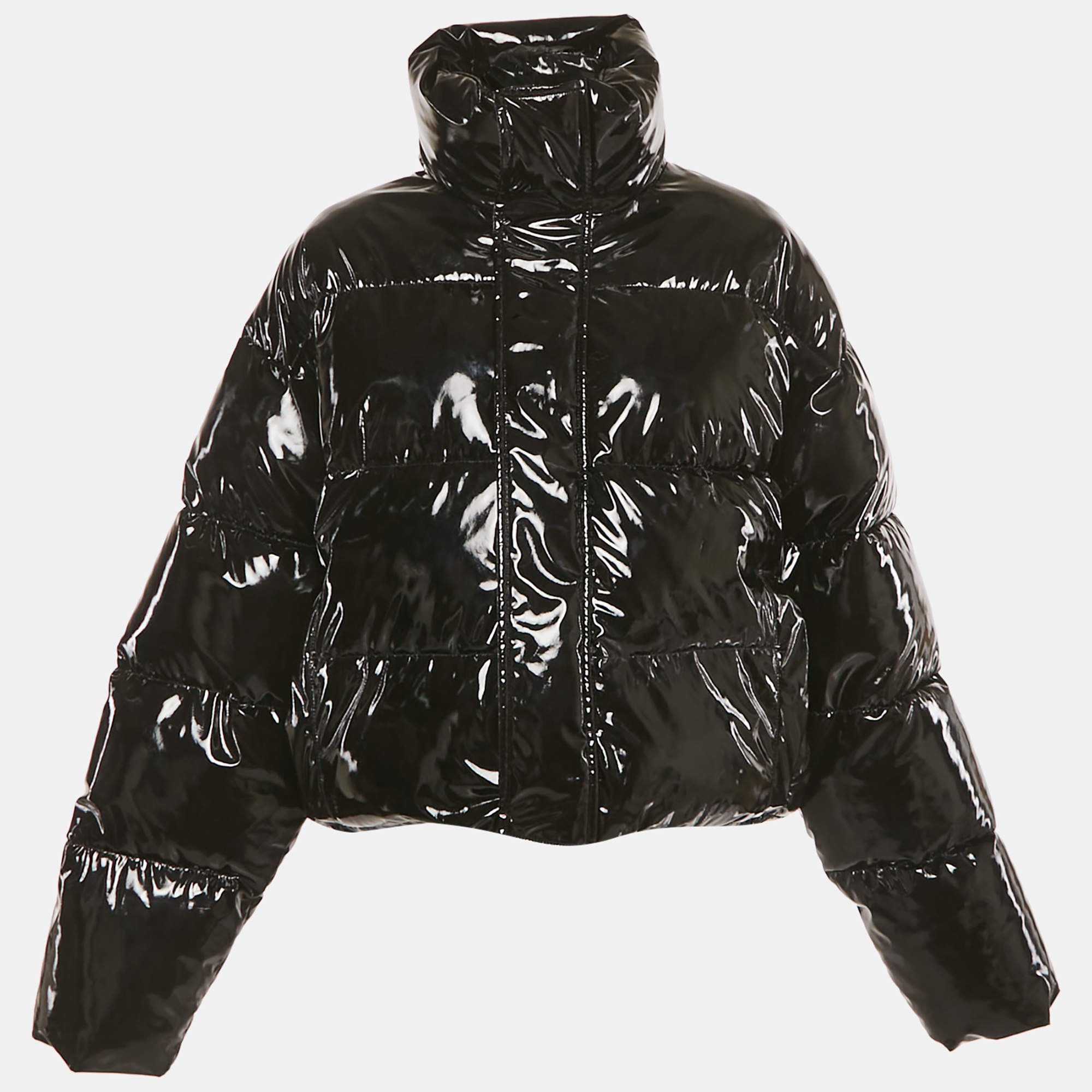 Pre Owned Balenciaga Black Synthetic Glossy Concealed Hood Cropped Puffer Jacket M