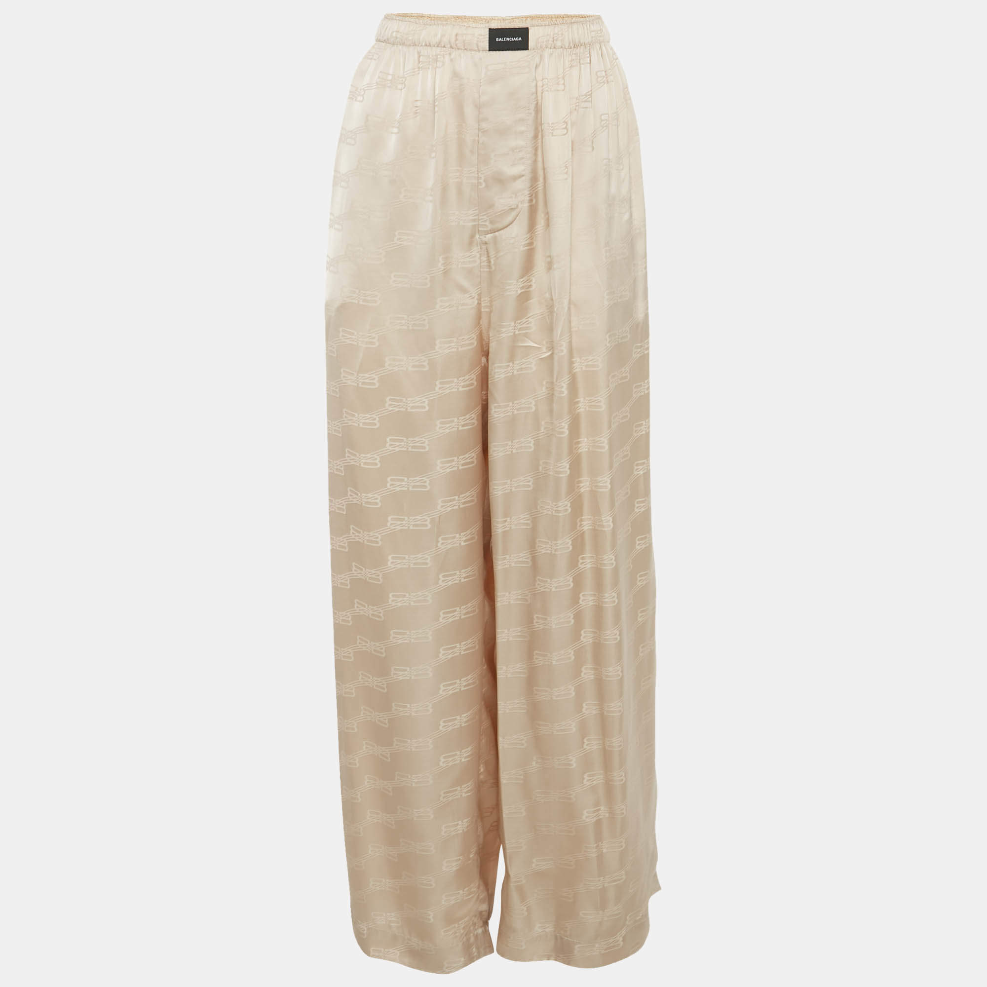 Pre Owned Balenciaga Beige Monogram Satin Wide-Leg Trousers M
