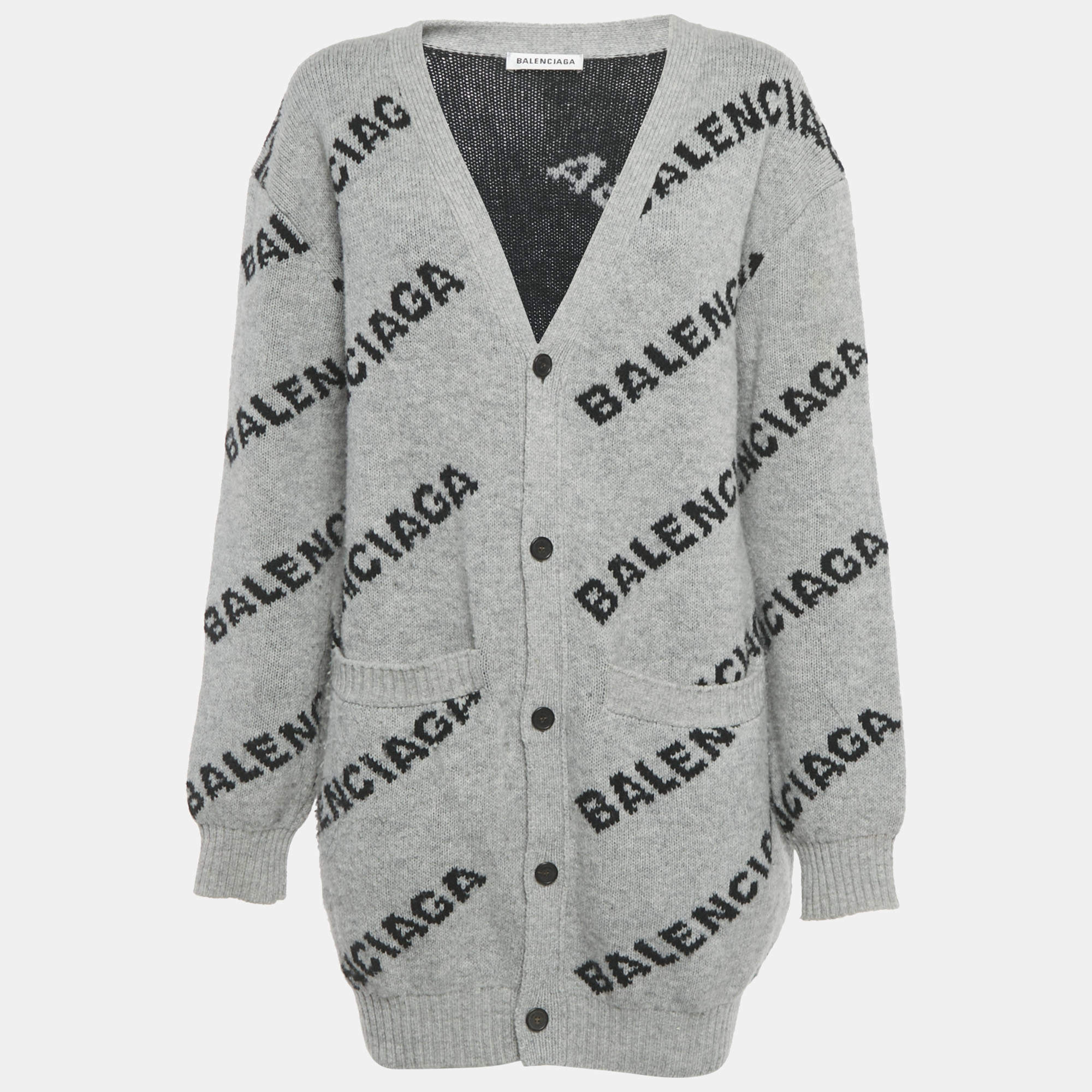 Pre Owned Balenciaga Grey Logo All Over Wool Knit Cardigan M
