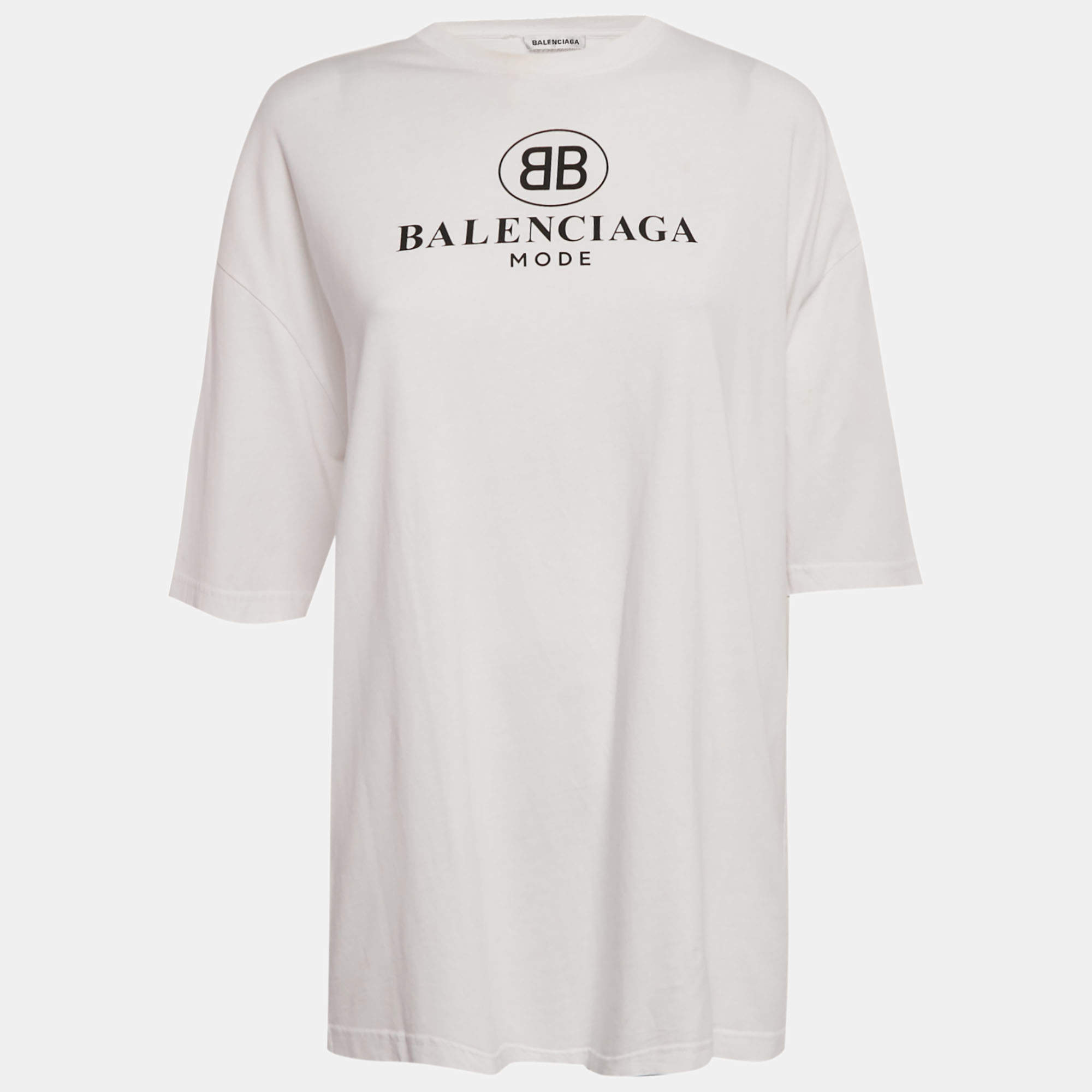 Pre Owned Balenciaga White Logo Print Jersey Crewneck T-Shirt L
