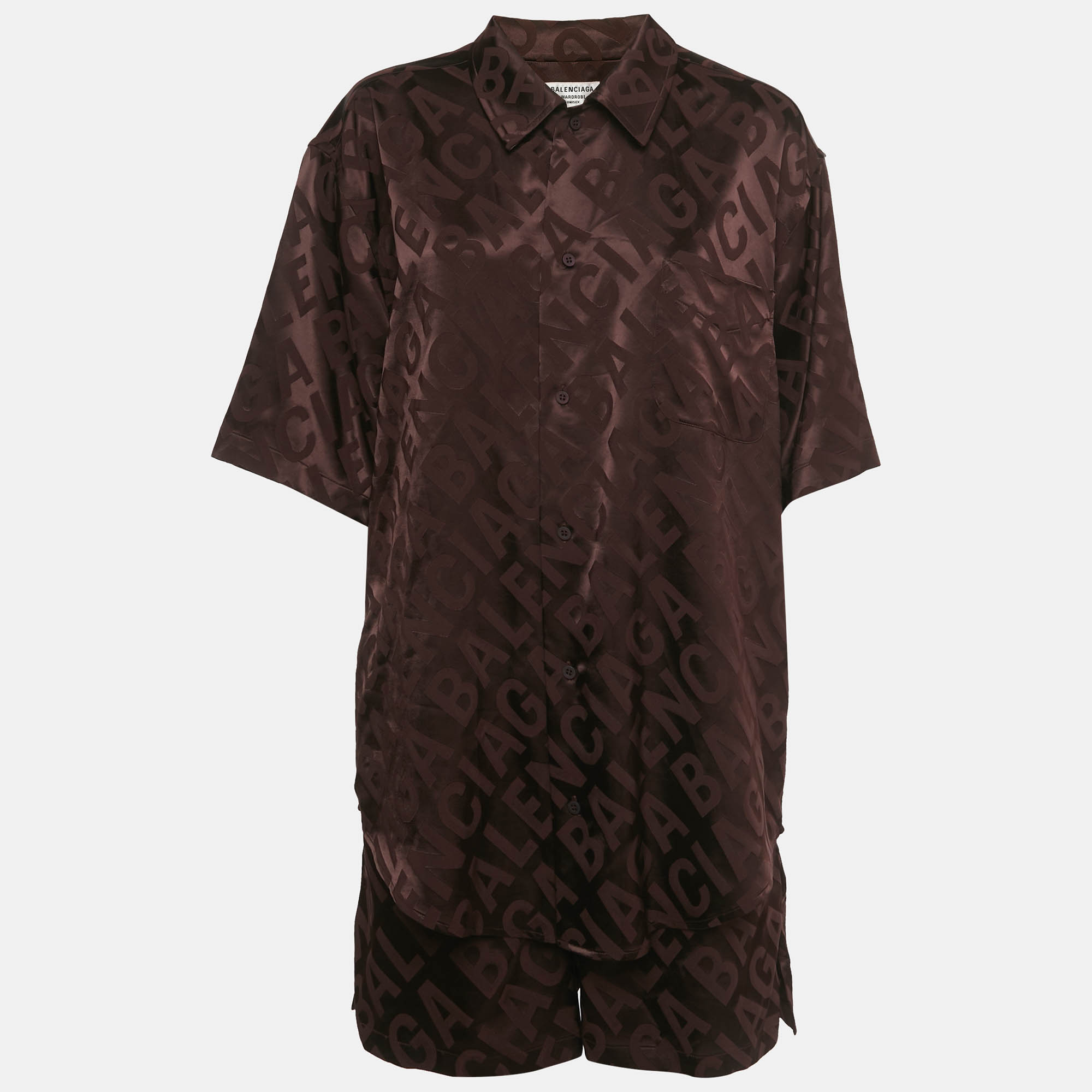 Pre Owned Balenciaga Unisex Burgundy All Over Logo Patterned Satin Shirt & Shorts Set S/M
