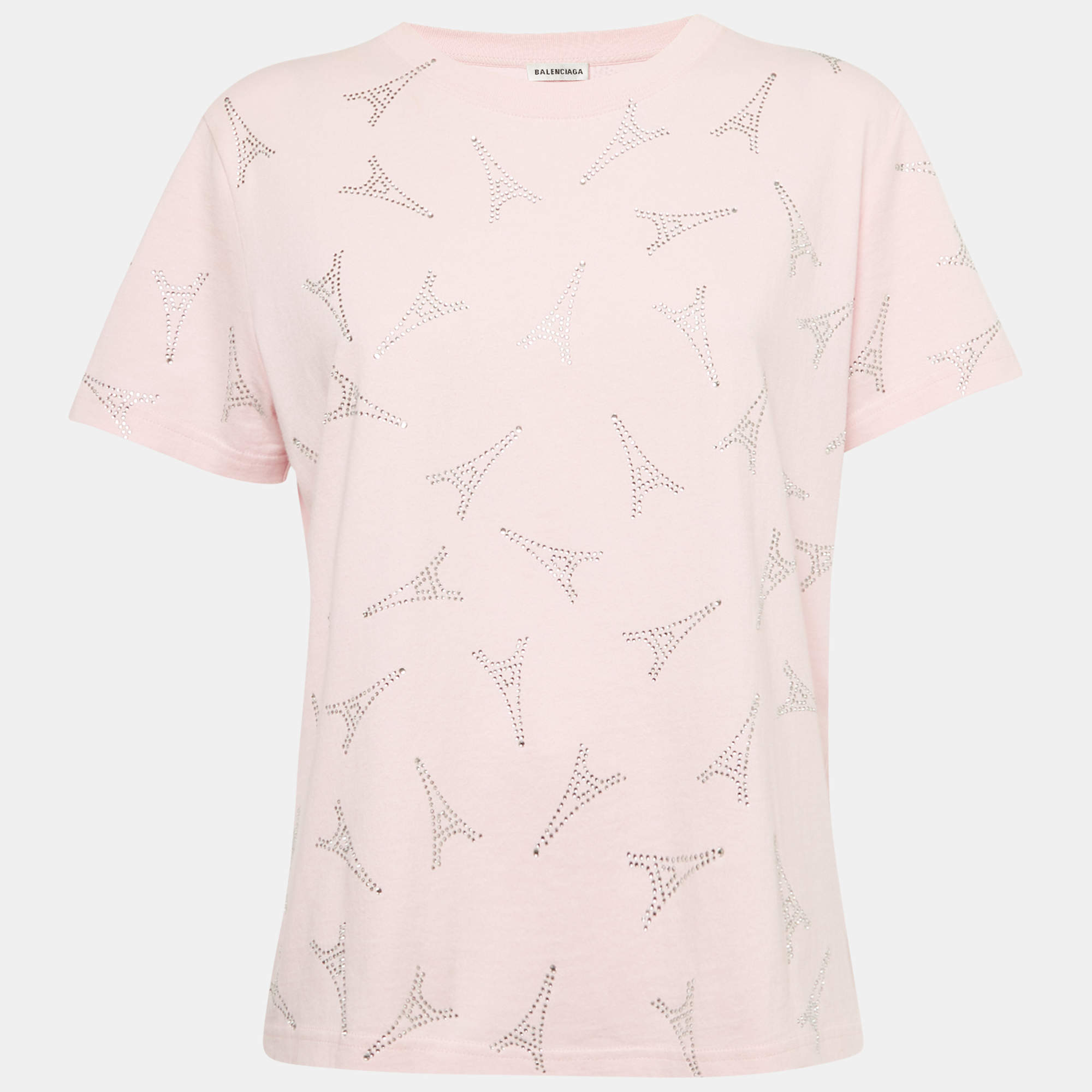 Pre Owned Balenciaga Pink Eiffel Tower Crystal Jersey T-Shirt XL