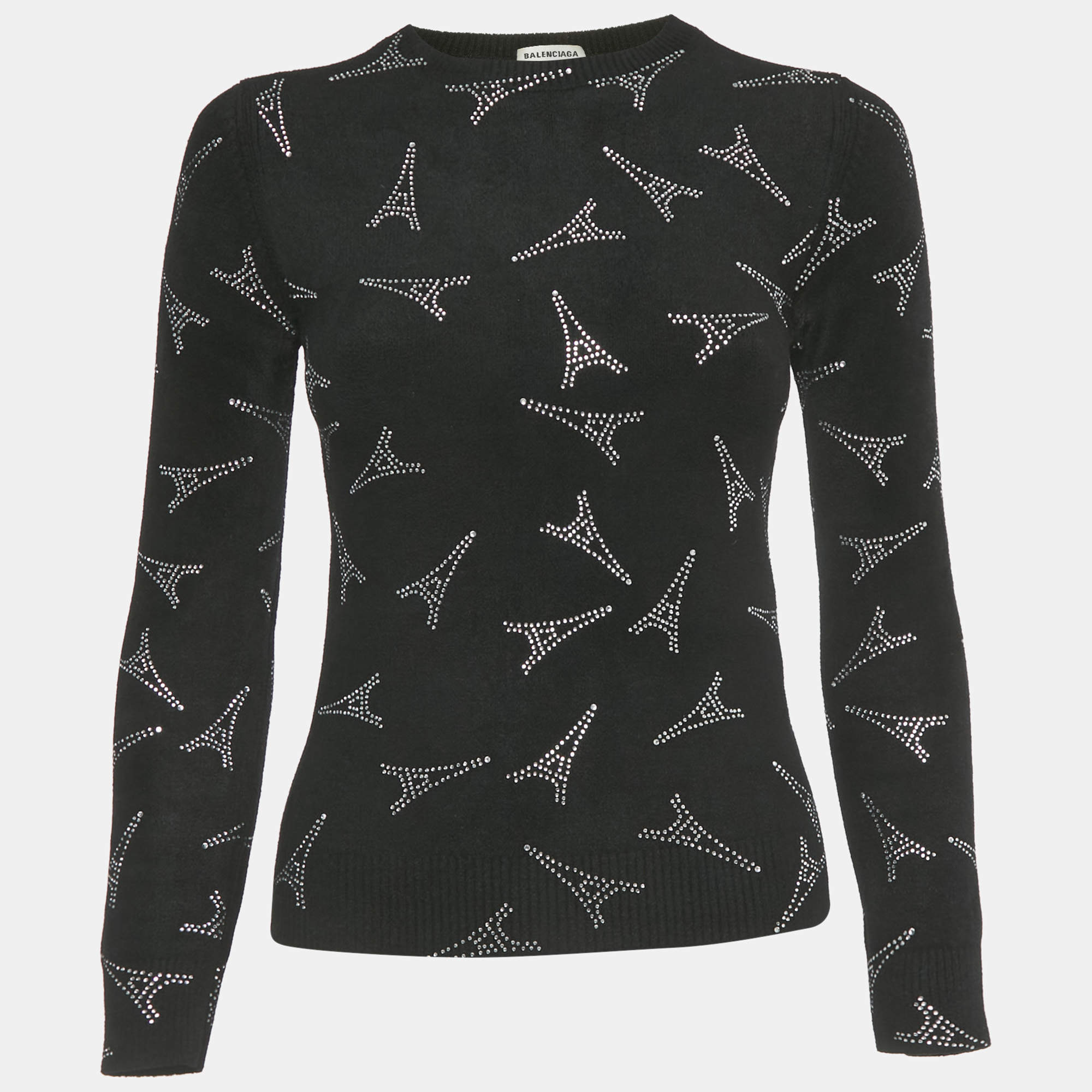 Pre Owned Balenciaga Black Eiffel Tower Crystal Fleece Pullover S
