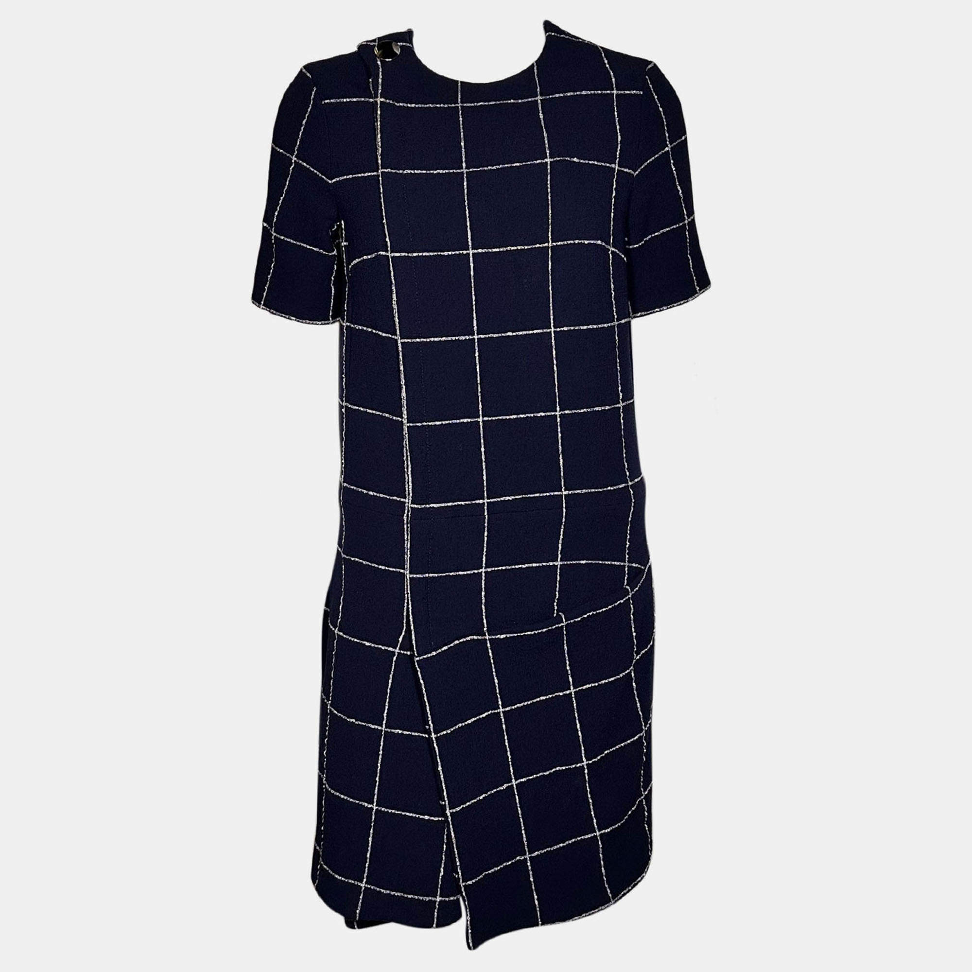 Pre Owned Balenciaga Navy Blue Navy Checkered Dress