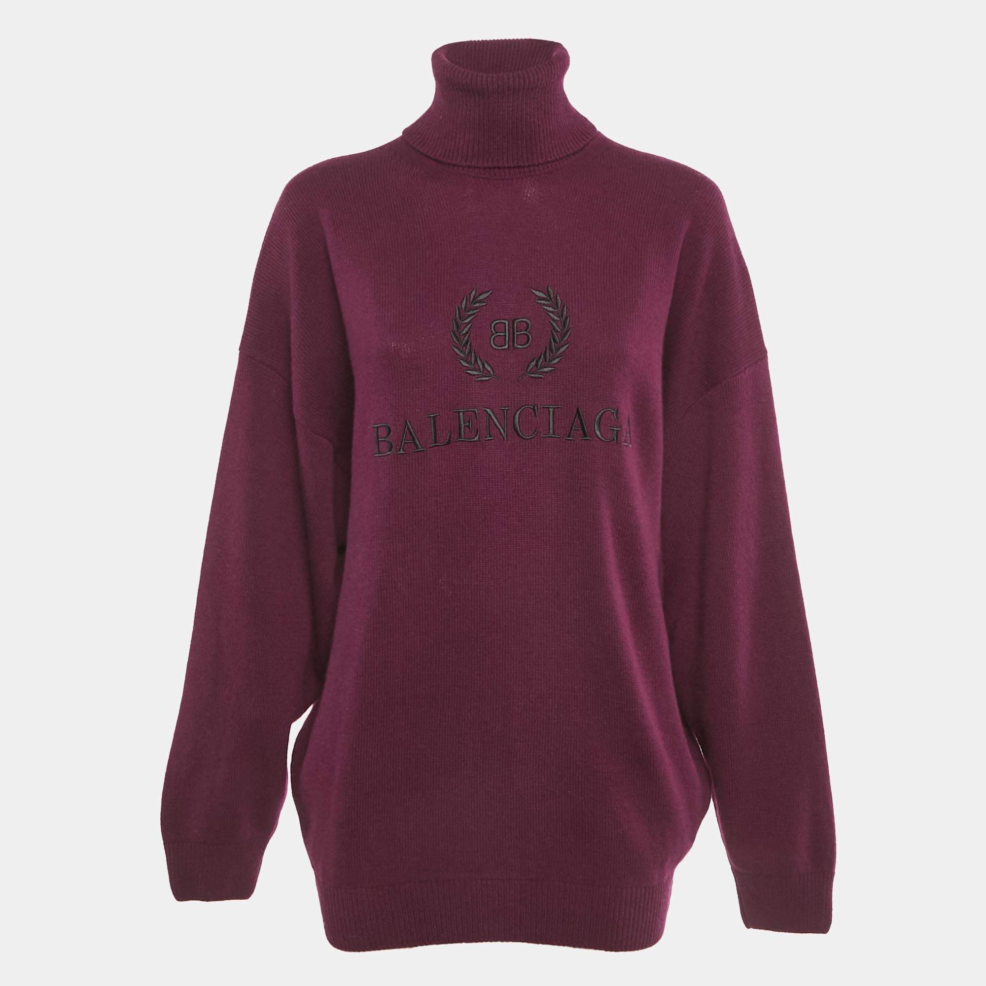 Pre Owned Balenciaga Burgundy Logo Embroidered Wool & Cashmere Jumper S
