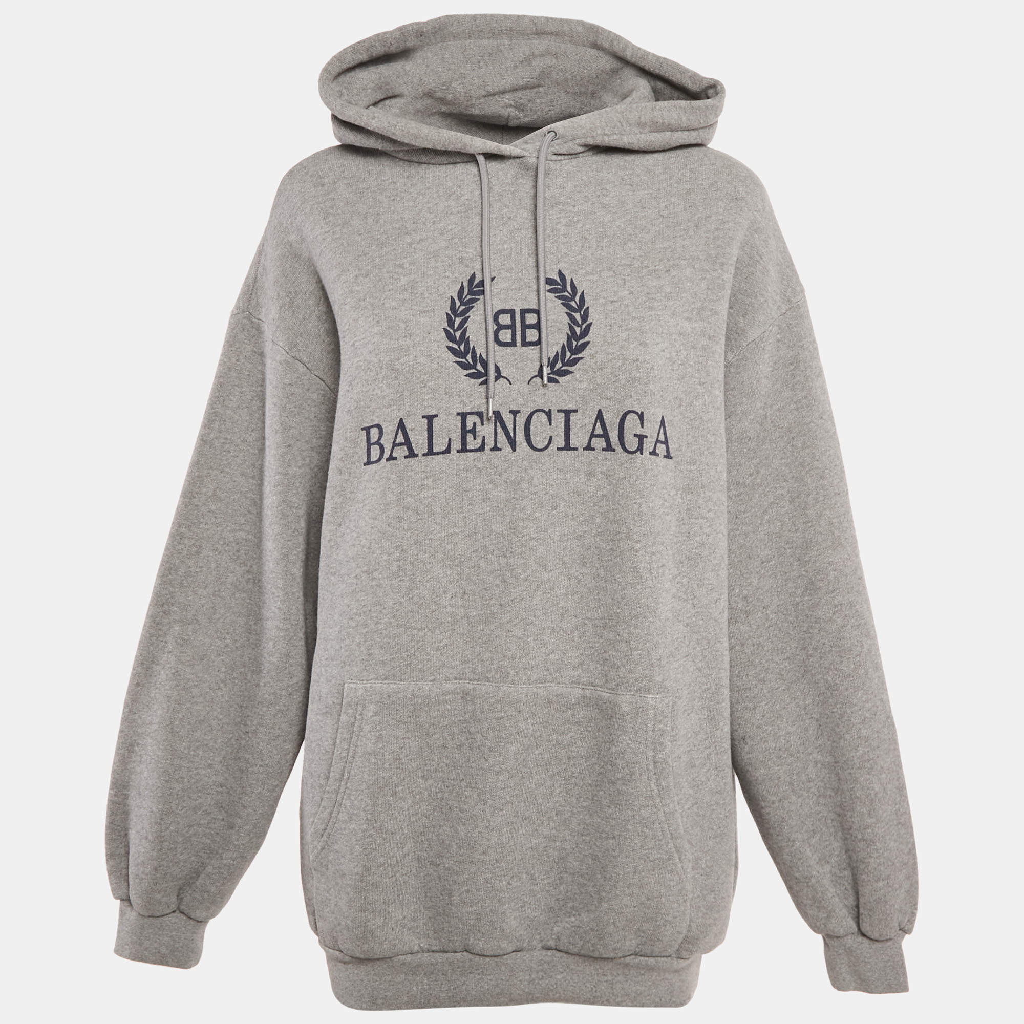 Pre Owned Balenciaga Grey Logo Print Cotton Hooded Sweatshirt XXS