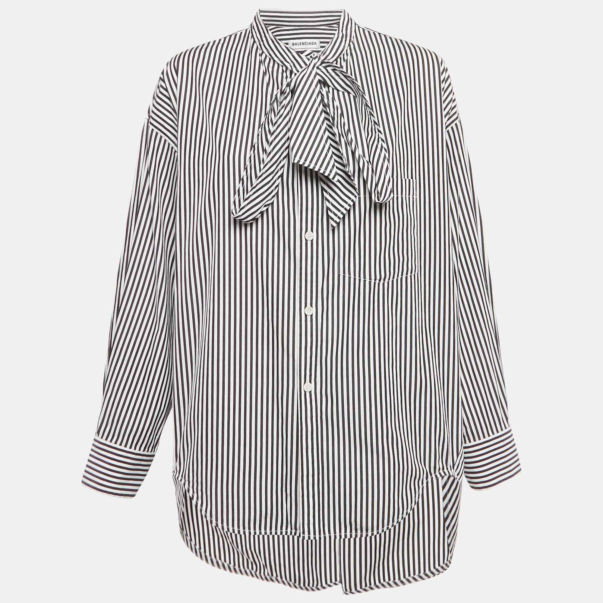 مملوكة مسبقًا Balenciaga White/Black Striped Cotton Blouse S