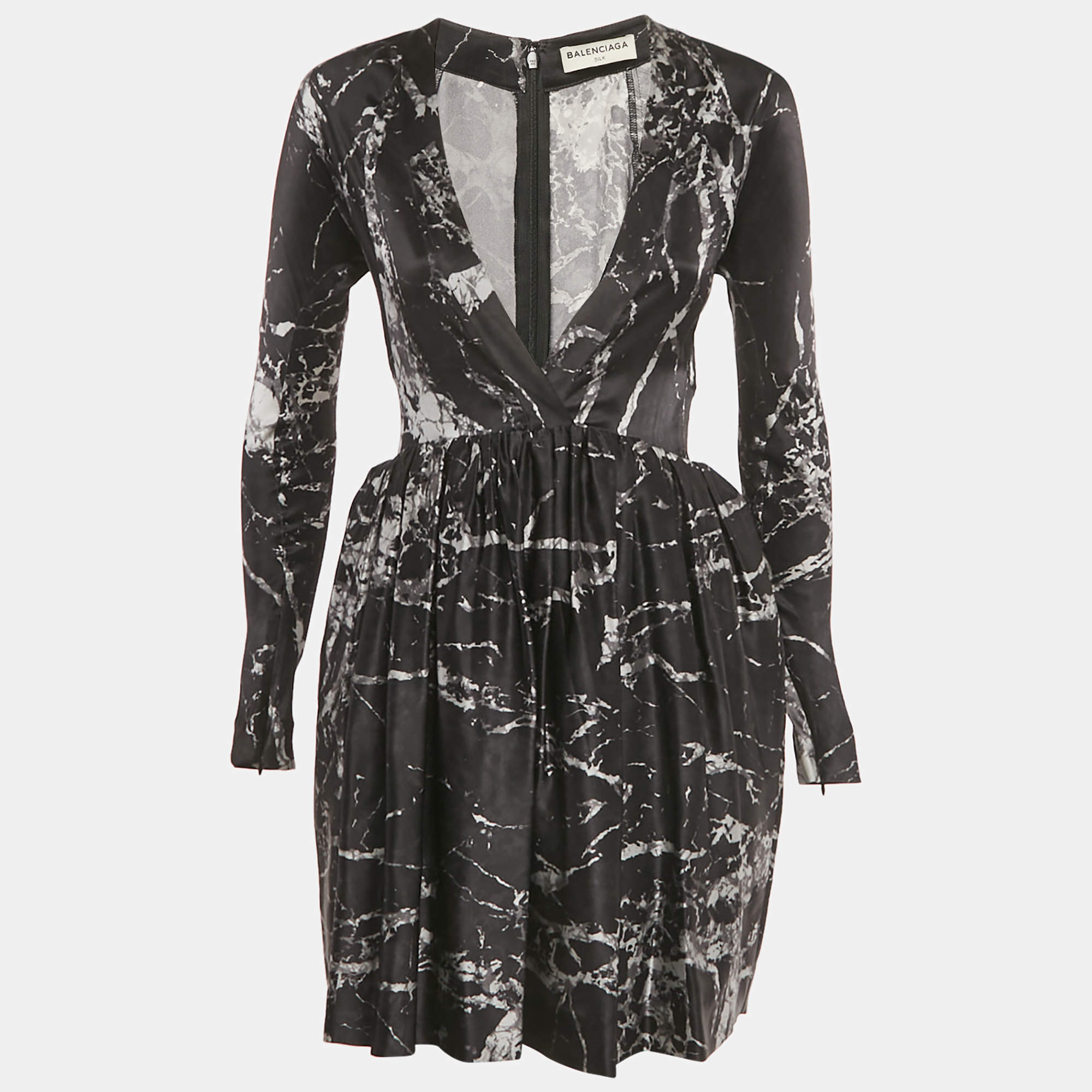 Pre Owned Balenciaga Black Printed Silk Plunge Neck Mini Dress S