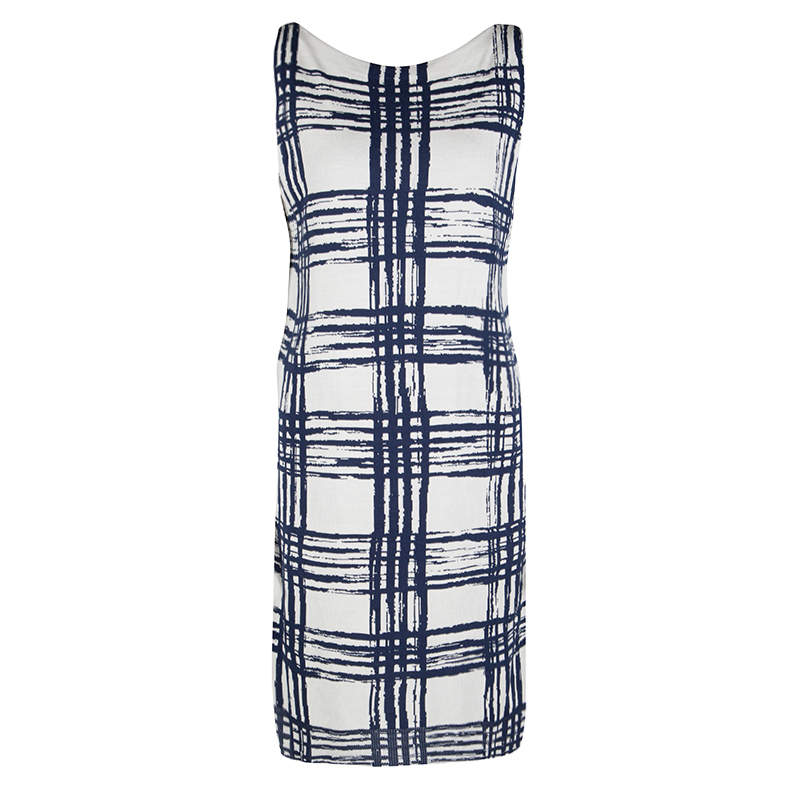Pre Owned Balenciaga Knits Navy Blue and White Abstract Checked Silk Dress S