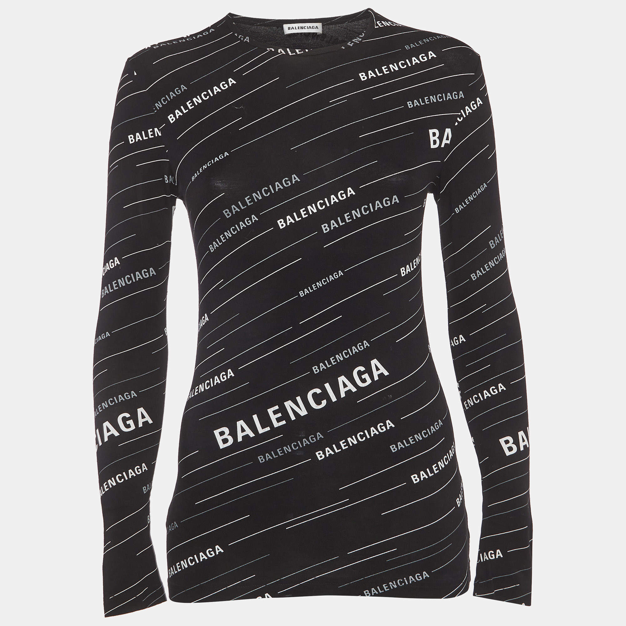 Pre Owned Balenciaga Black Logo All-Over Print Jersey Fitted Top S