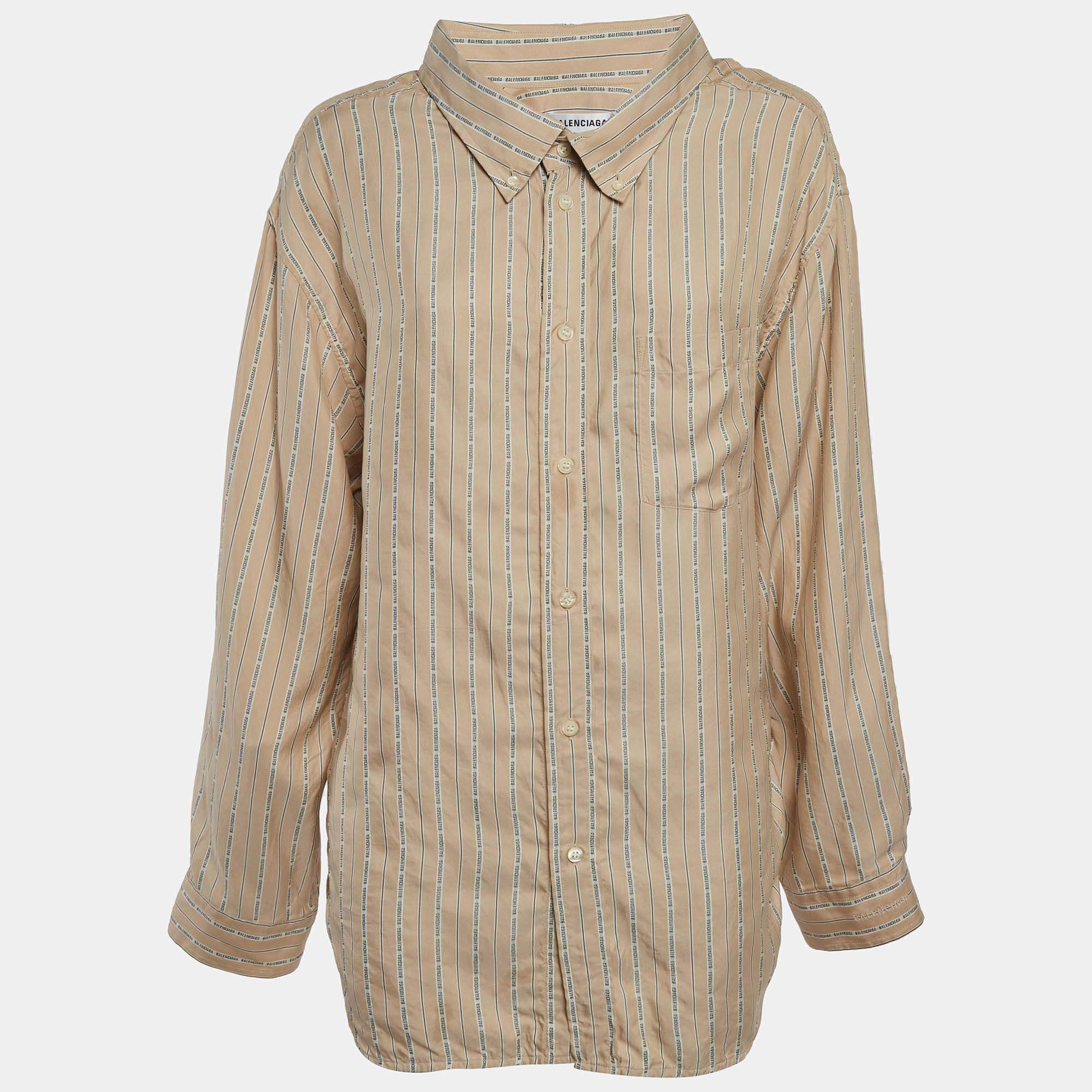 Pre Owned قميص بالنسياغا حرير ببيج بنمط الشعار المقلّم واسع مقاس متوسط - ميديام