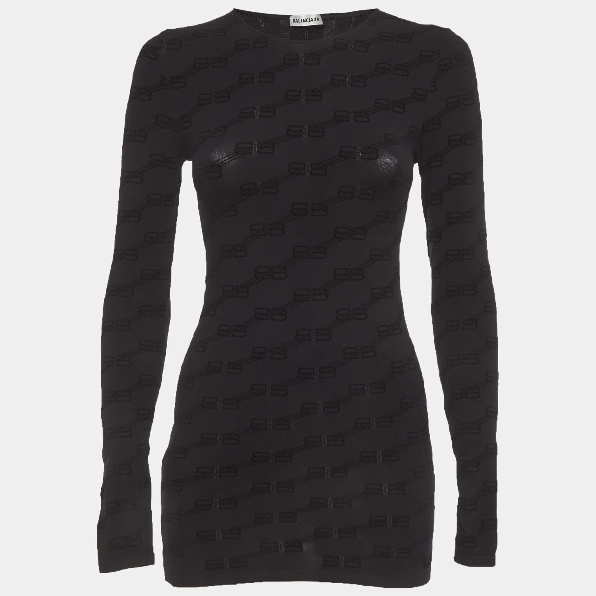 مملوكة مسبقًا Balenciaga Black BB Flocked Jersey Fitted Top L