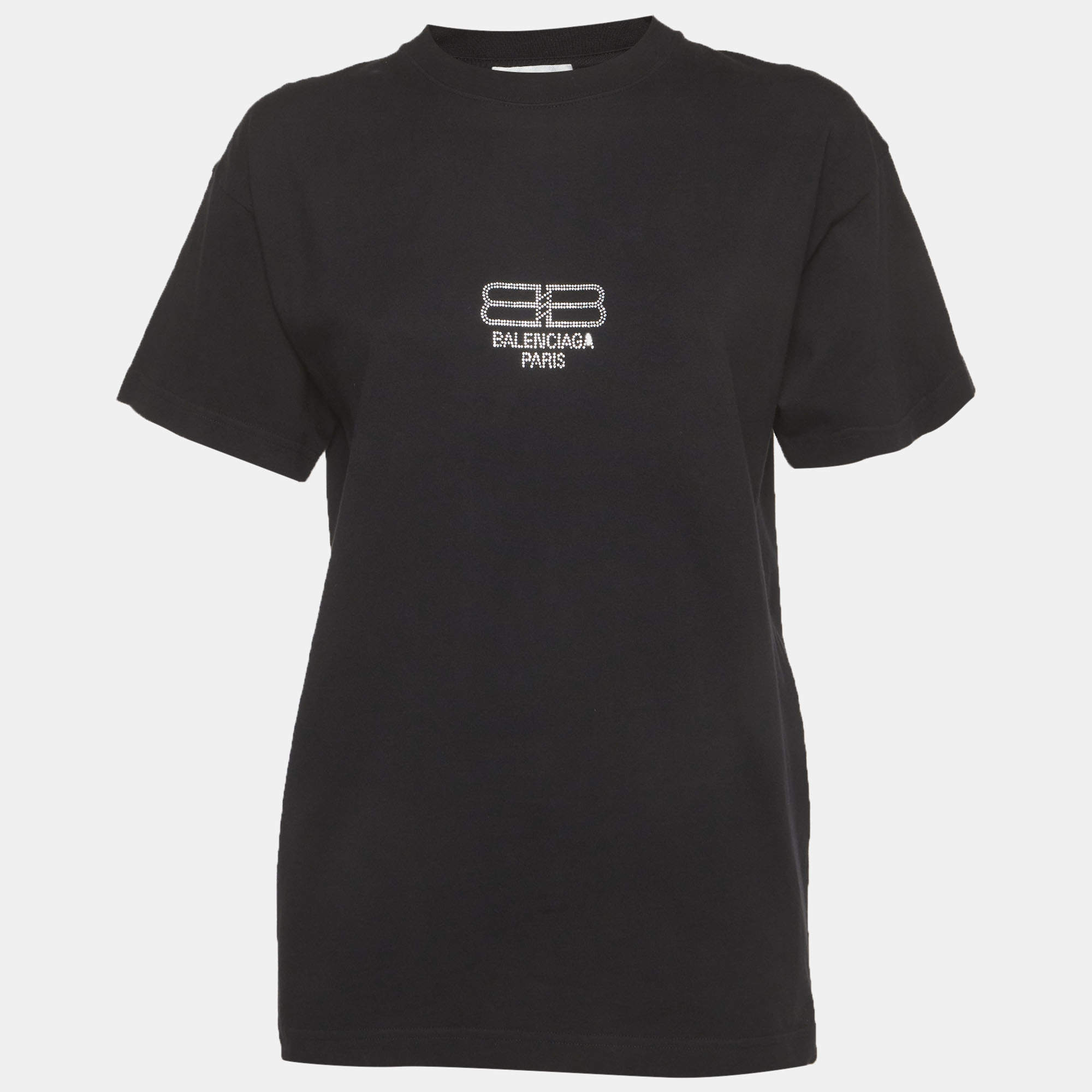 Pre Owned Balenciaga Unisex Black BB Rhinestone Jersey T-Shirt XS