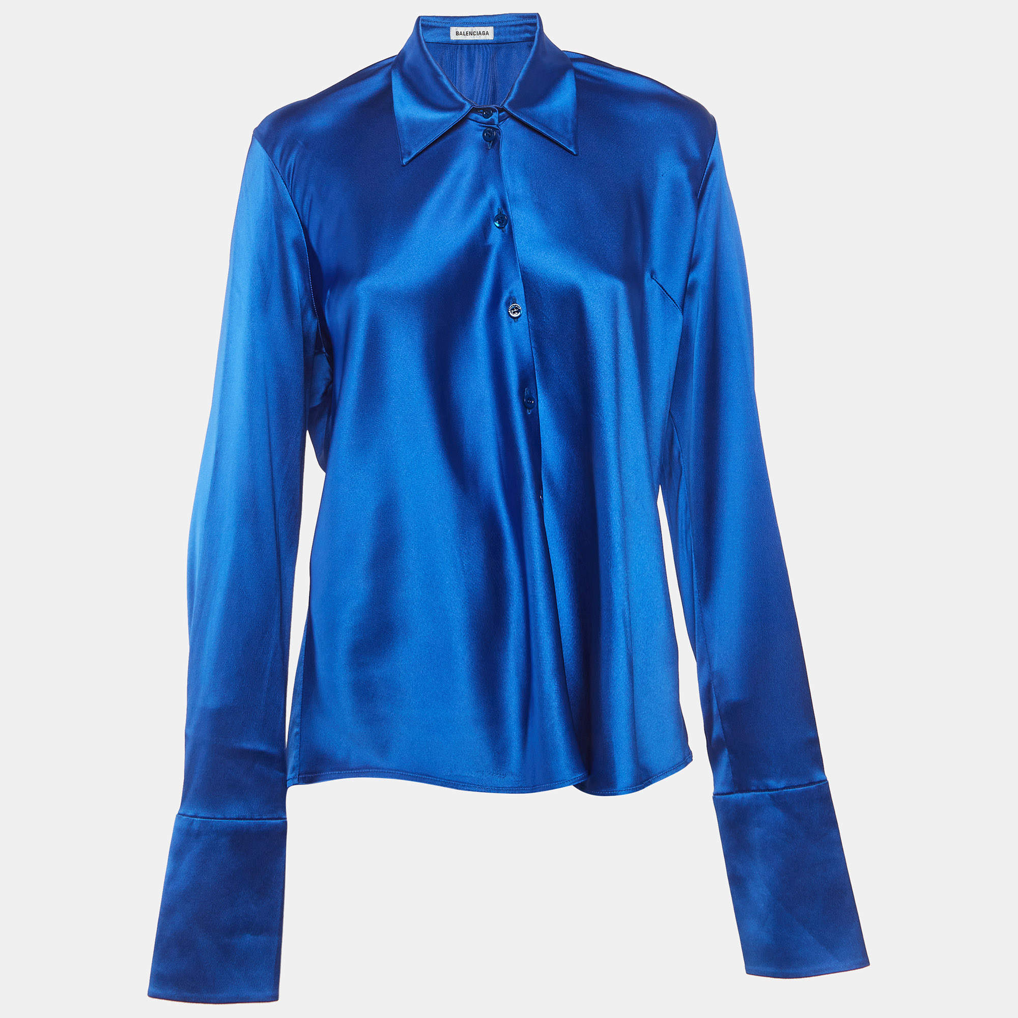 Pre Owned Balenciaga Blue Satin Long Sleeve Shirt L