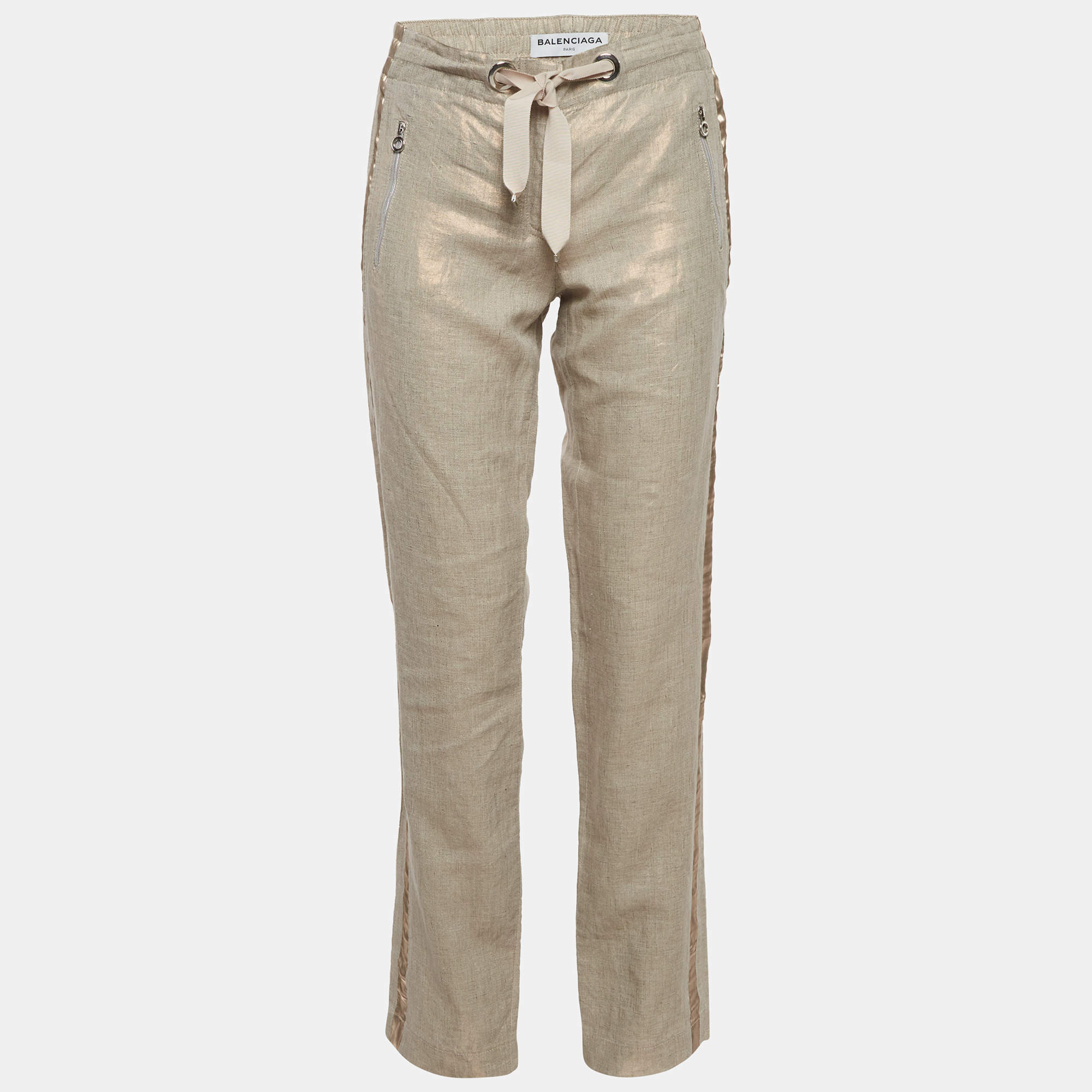 Pre Owned Balenciaga Beige Lurex Drawstring Trousers M